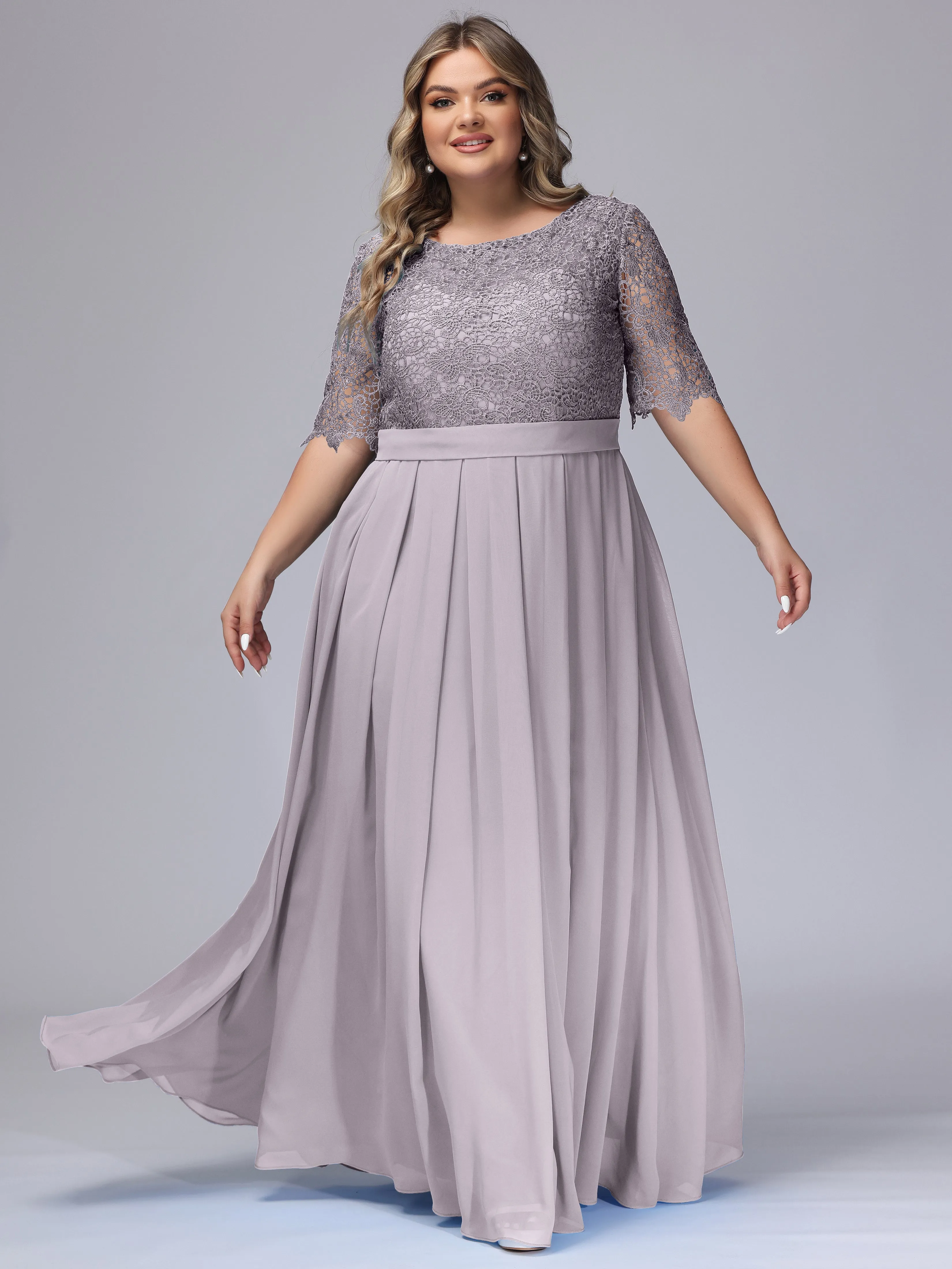 Half Sleeves Scoop Lace Long Plus Size Bridesmaid Dresses
