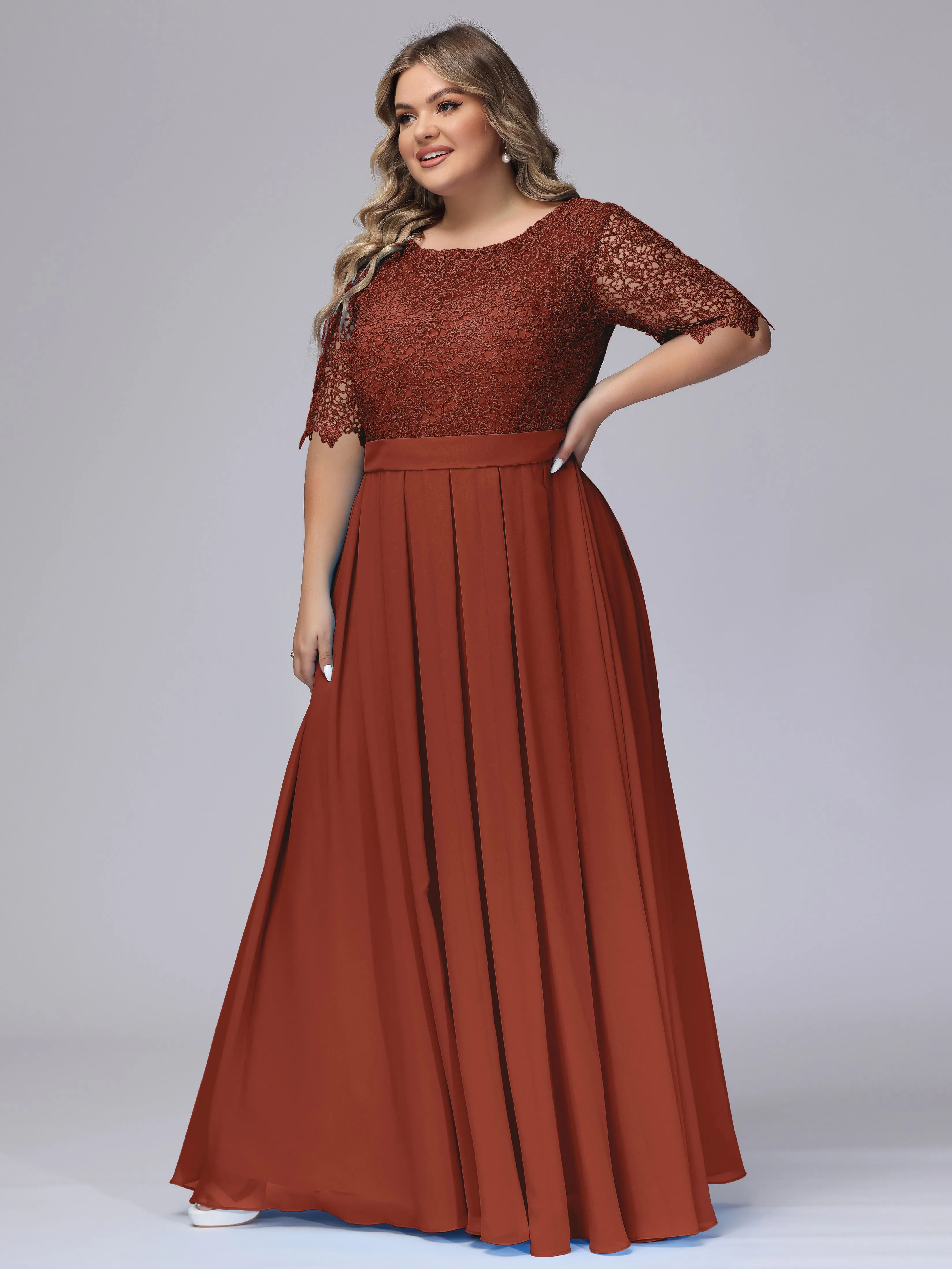 Half Sleeves Scoop Lace Long Plus Size Bridesmaid Dresses