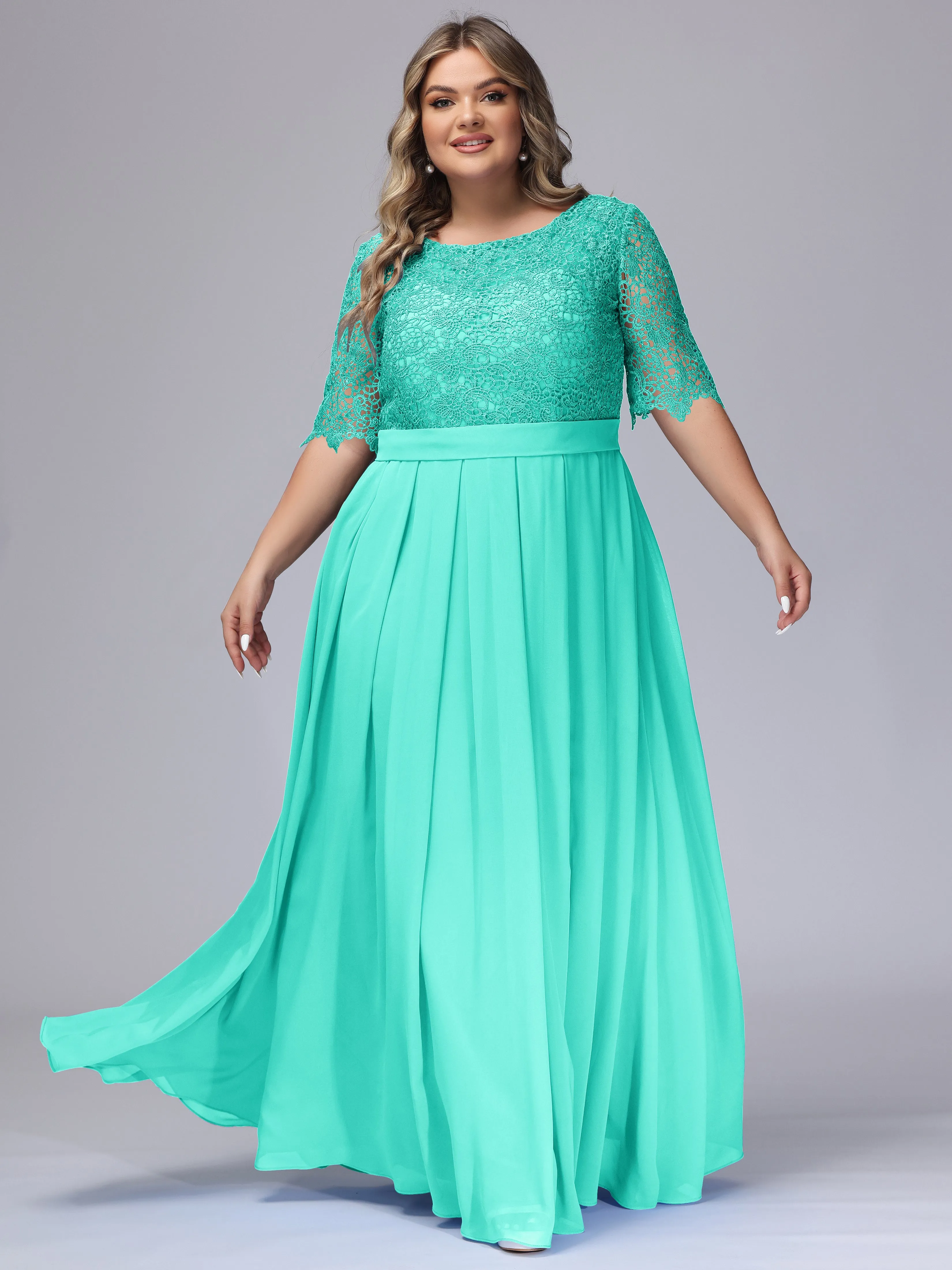 Half Sleeves Scoop Lace Long Plus Size Bridesmaid Dresses