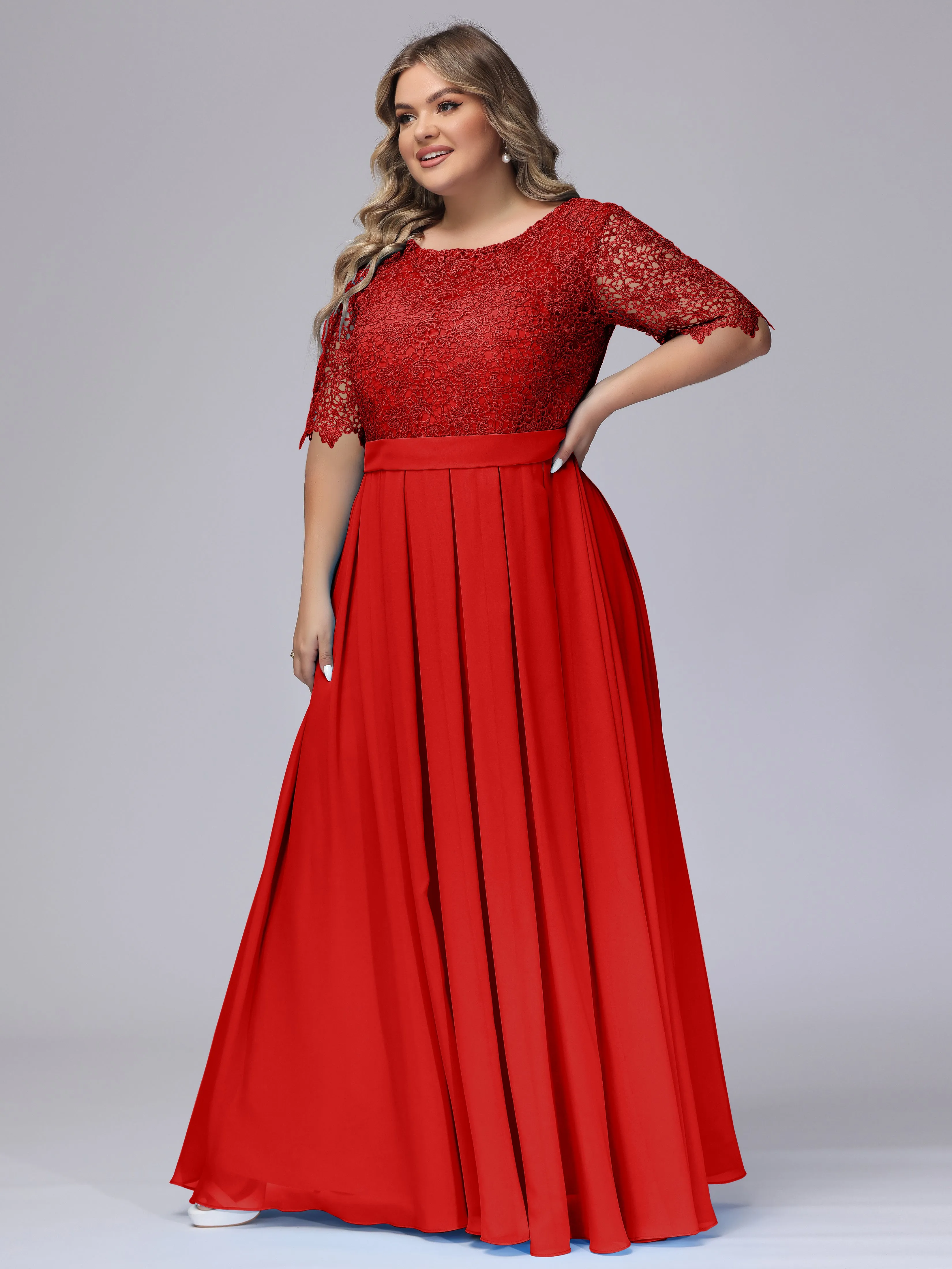 Half Sleeves Scoop Lace Long Plus Size Bridesmaid Dresses
