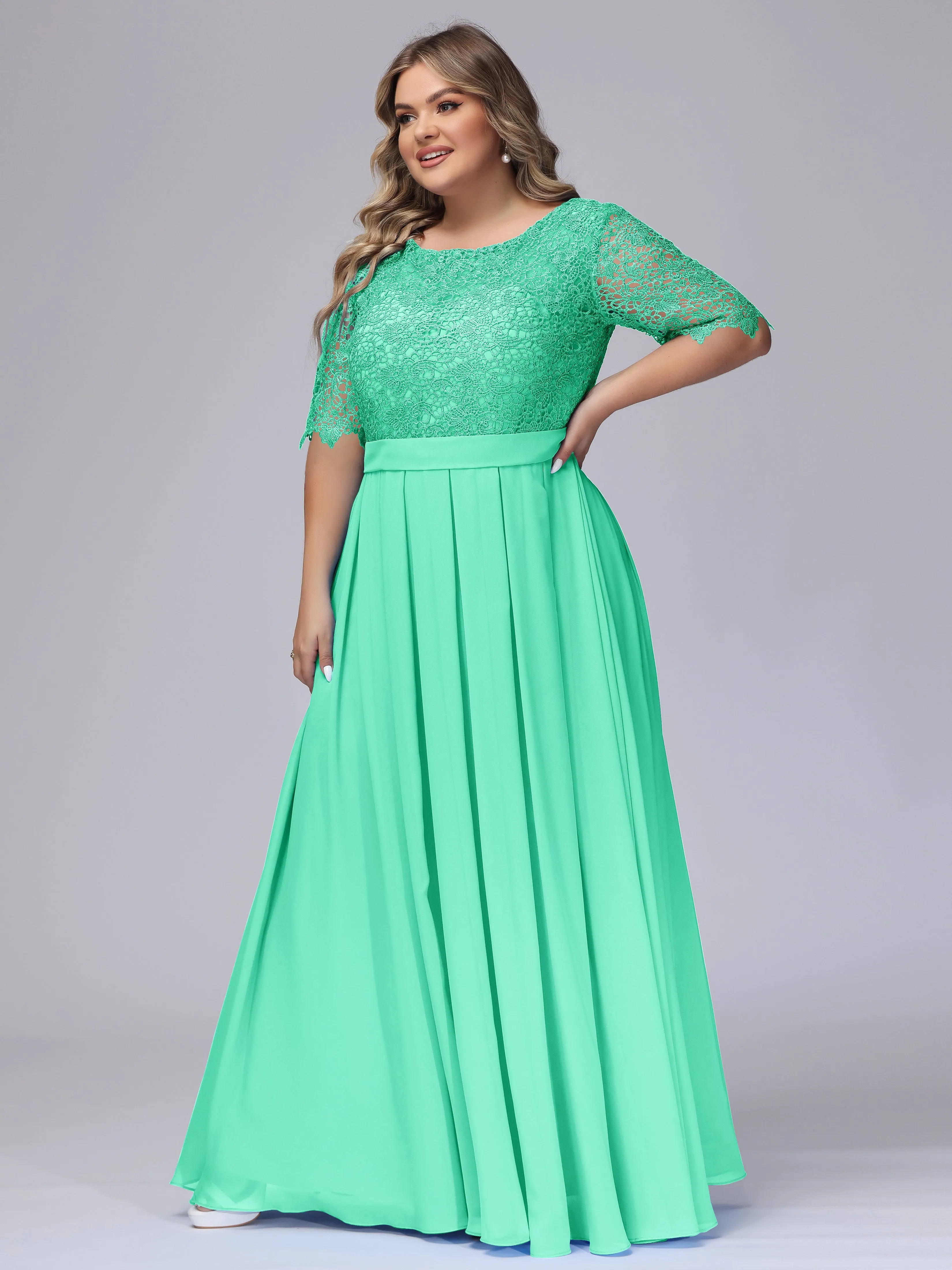 Half Sleeves Scoop Lace Long Plus Size Bridesmaid Dresses
