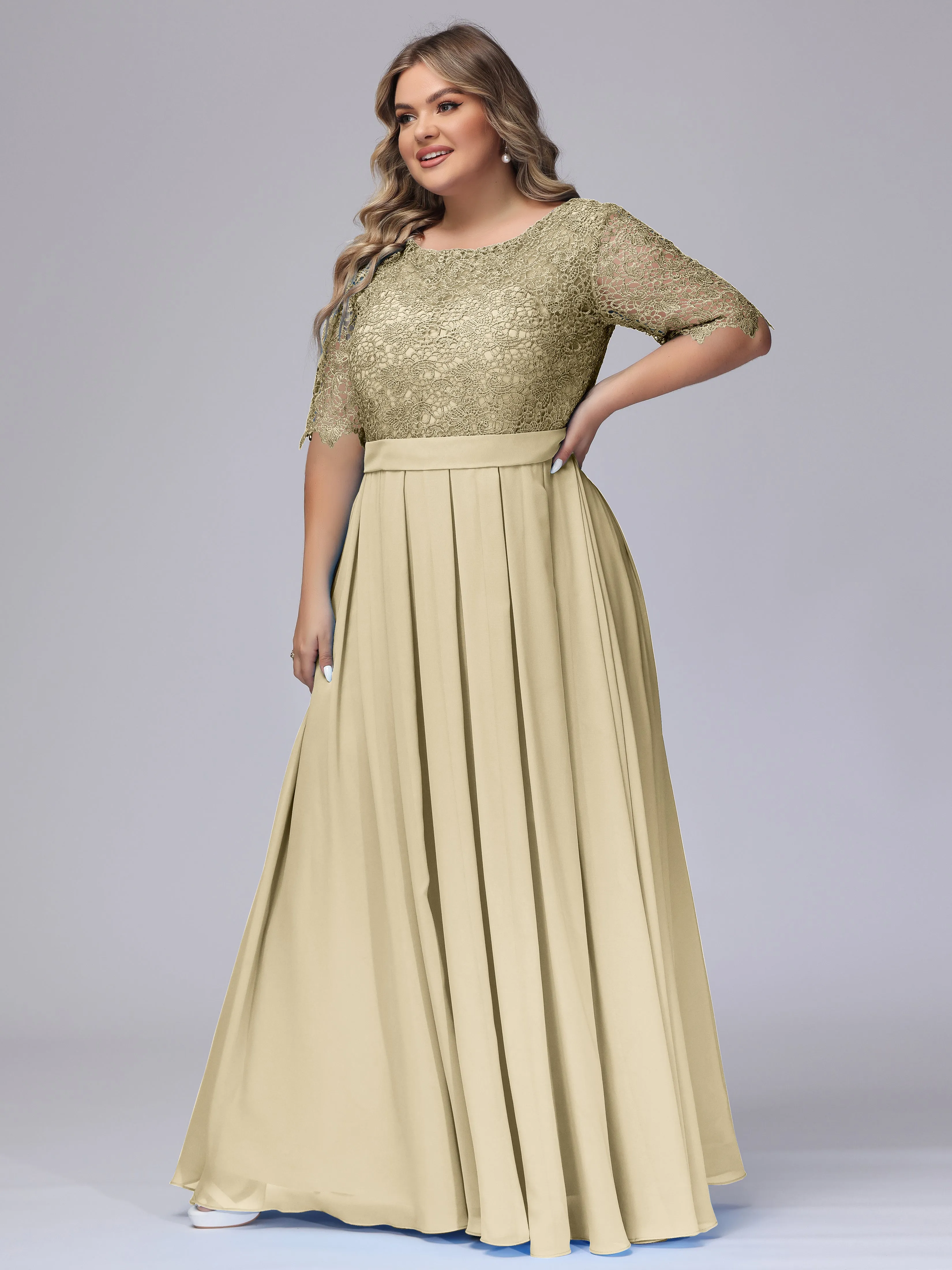 Half Sleeves Scoop Lace Long Plus Size Bridesmaid Dresses