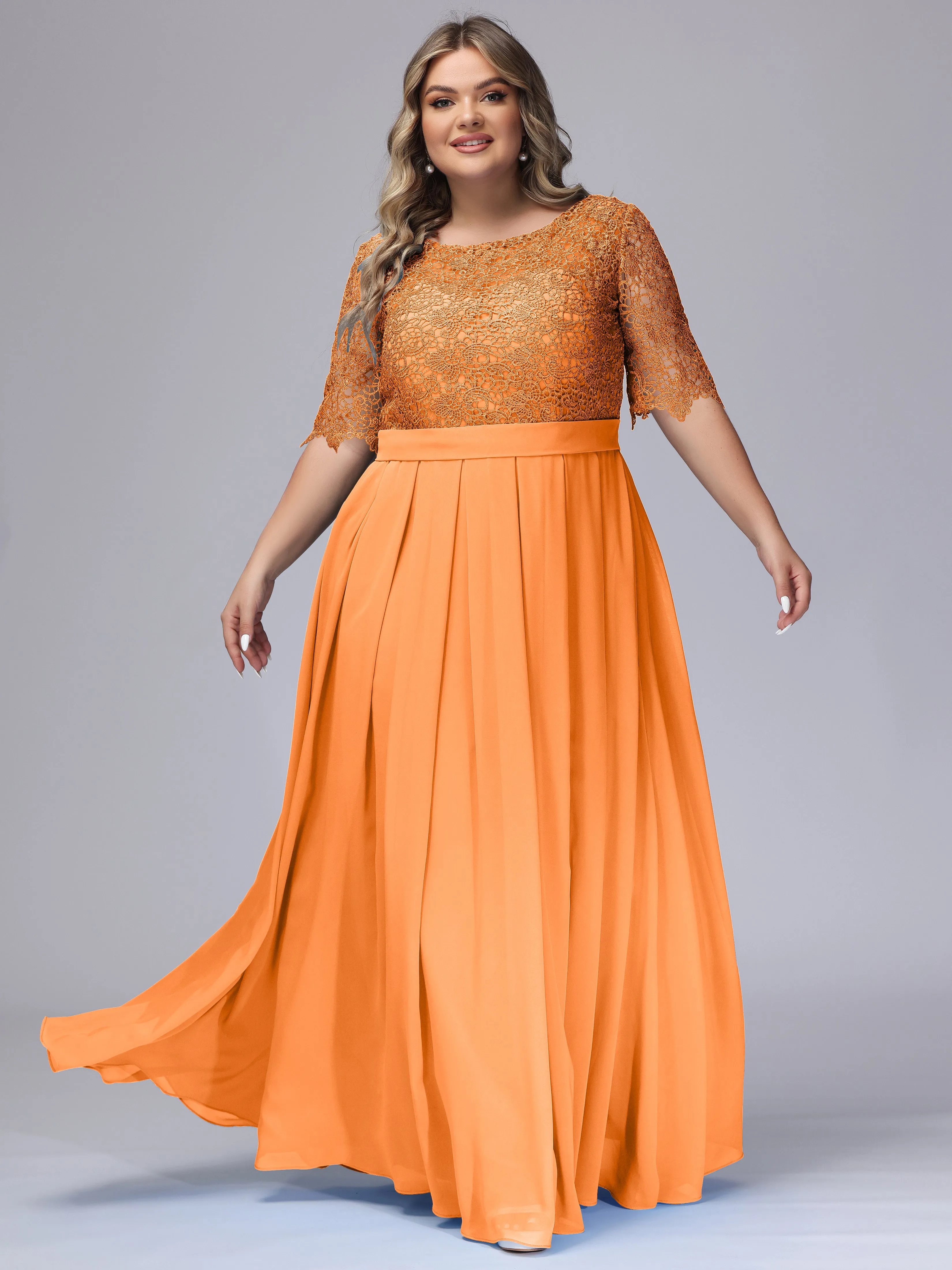 Half Sleeves Scoop Lace Long Plus Size Bridesmaid Dresses