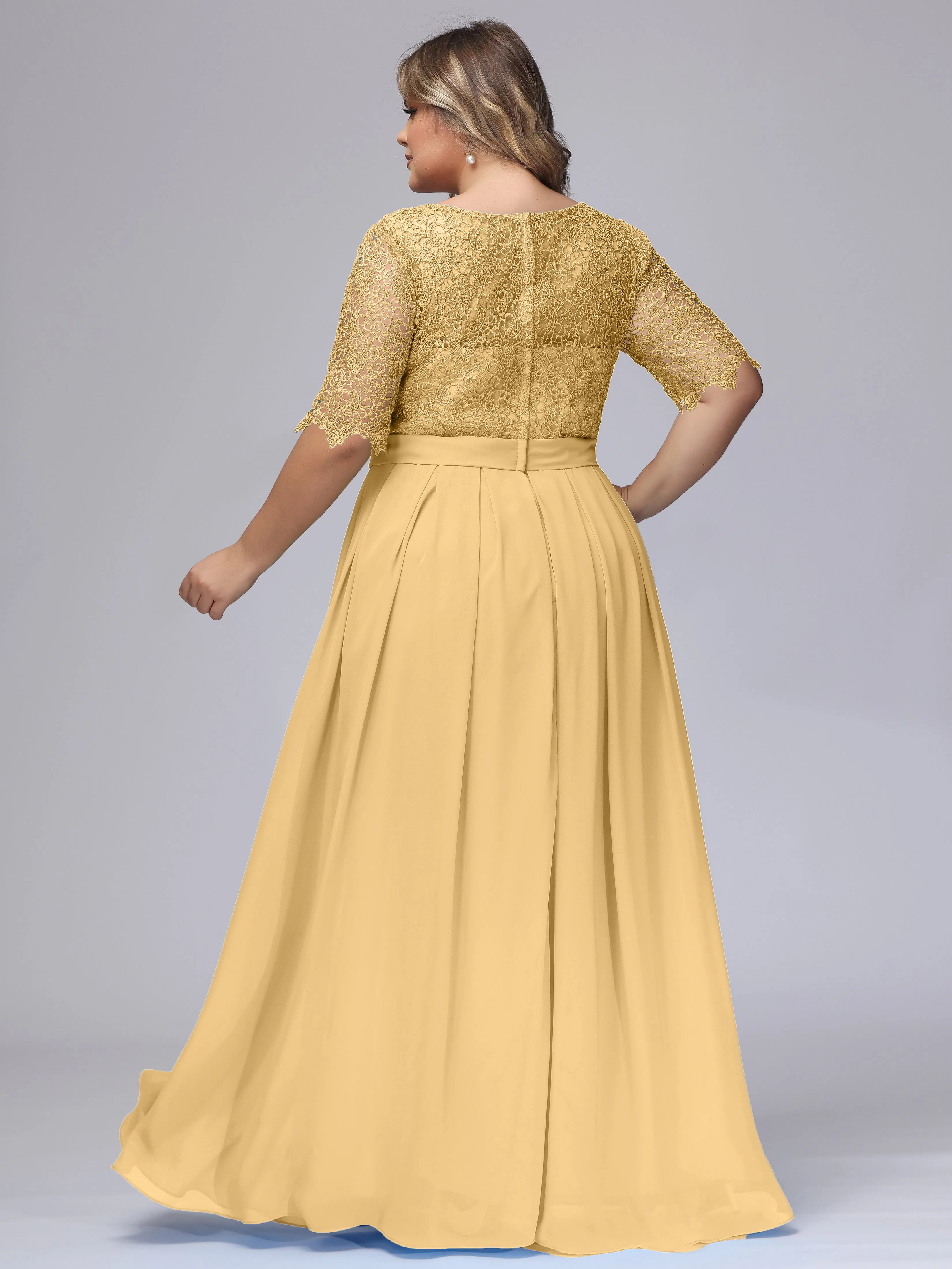 Half Sleeves Scoop Lace Long Plus Size Bridesmaid Dresses
