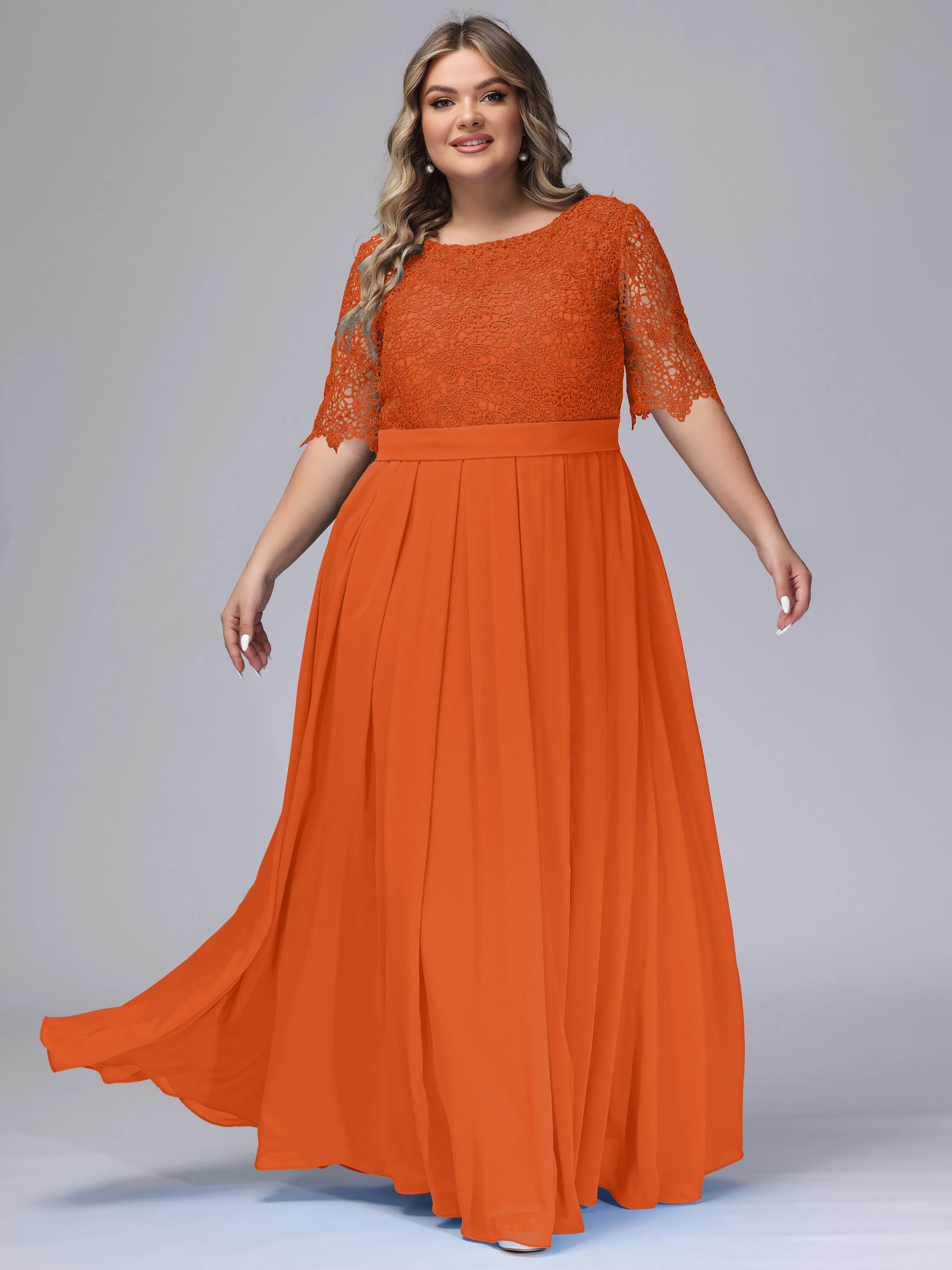 Half Sleeves Scoop Lace Long Plus Size Bridesmaid Dresses