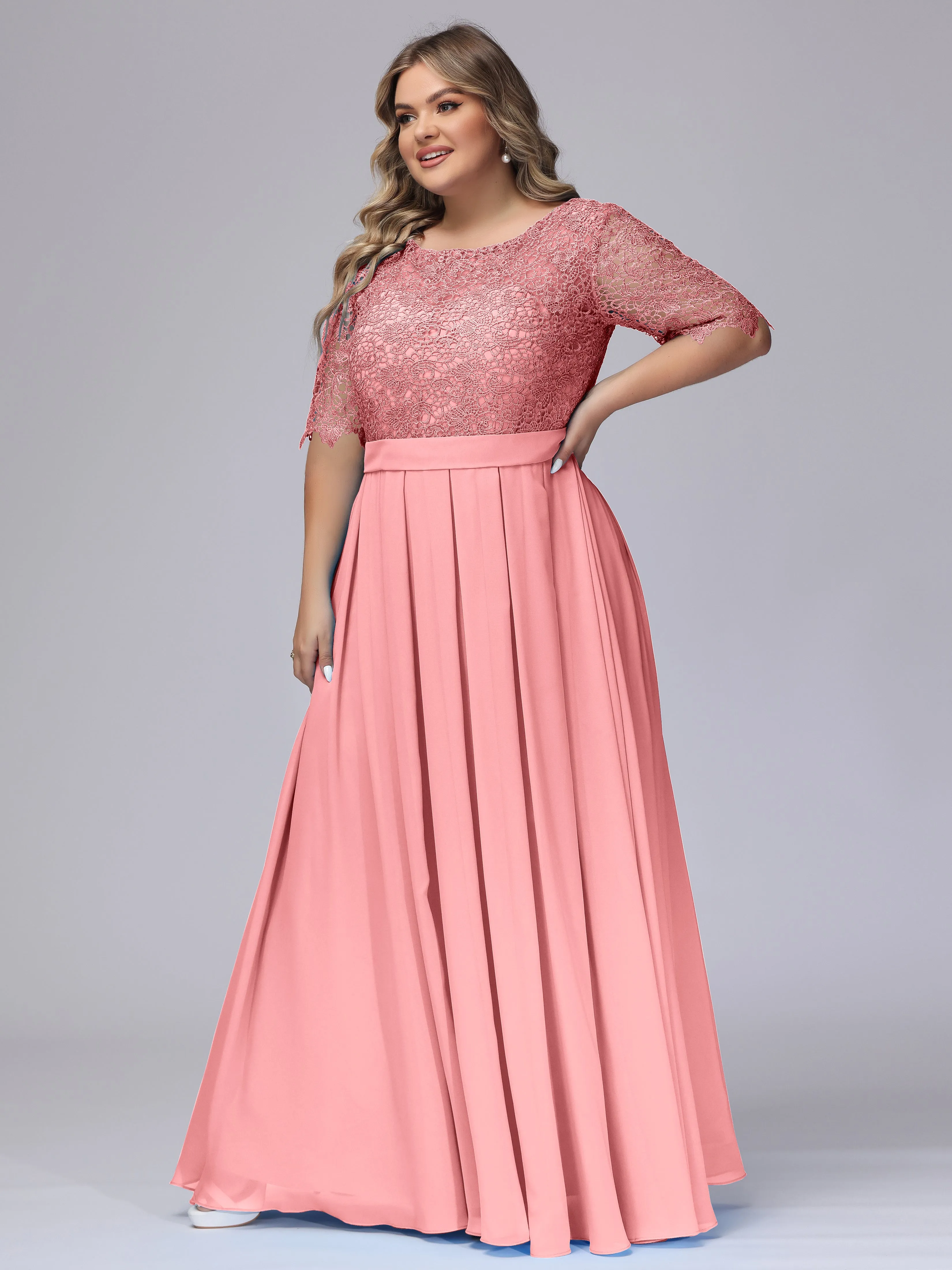 Half Sleeves Scoop Lace Long Plus Size Bridesmaid Dresses