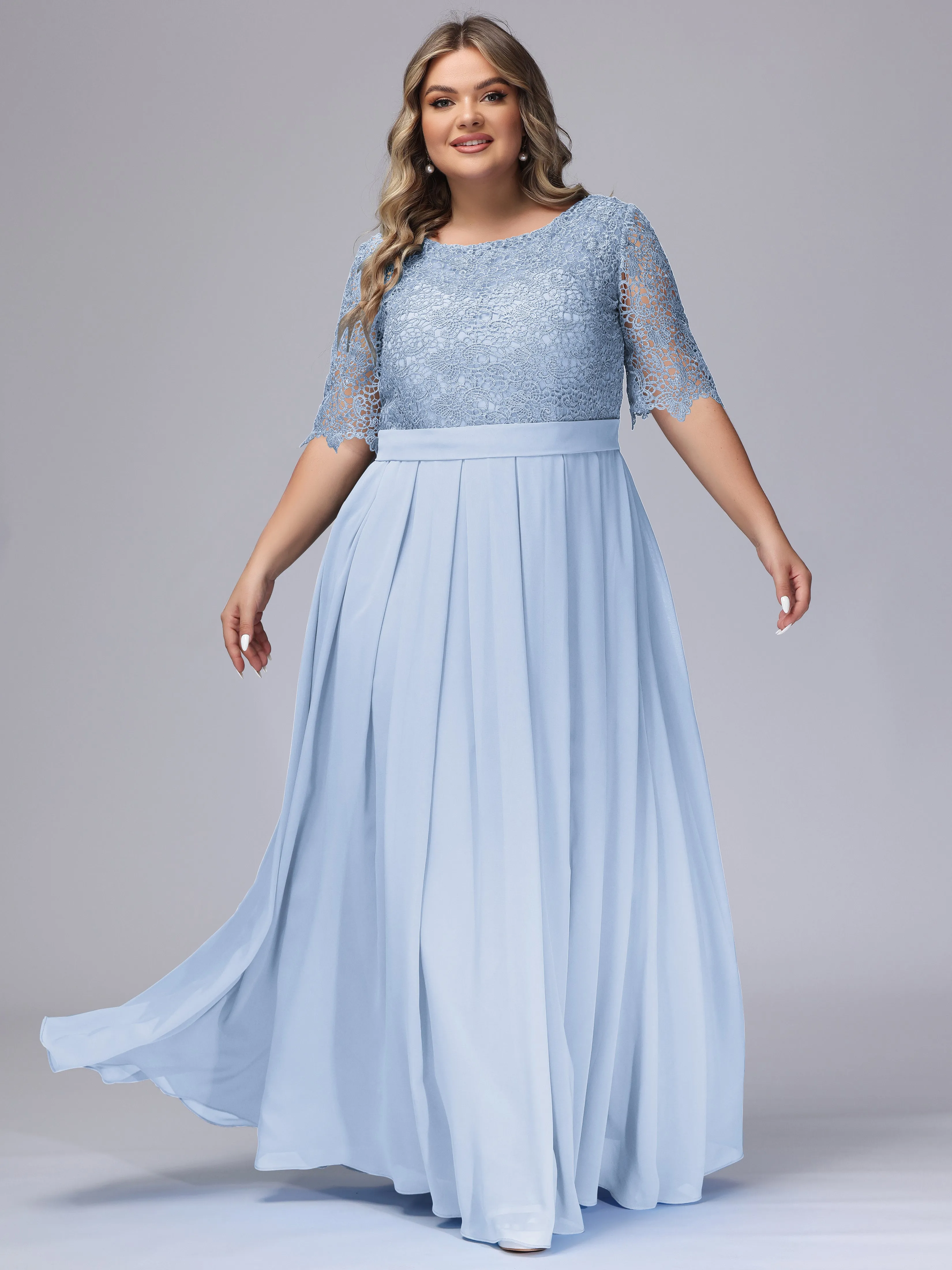 Half Sleeves Scoop Lace Long Plus Size Bridesmaid Dresses