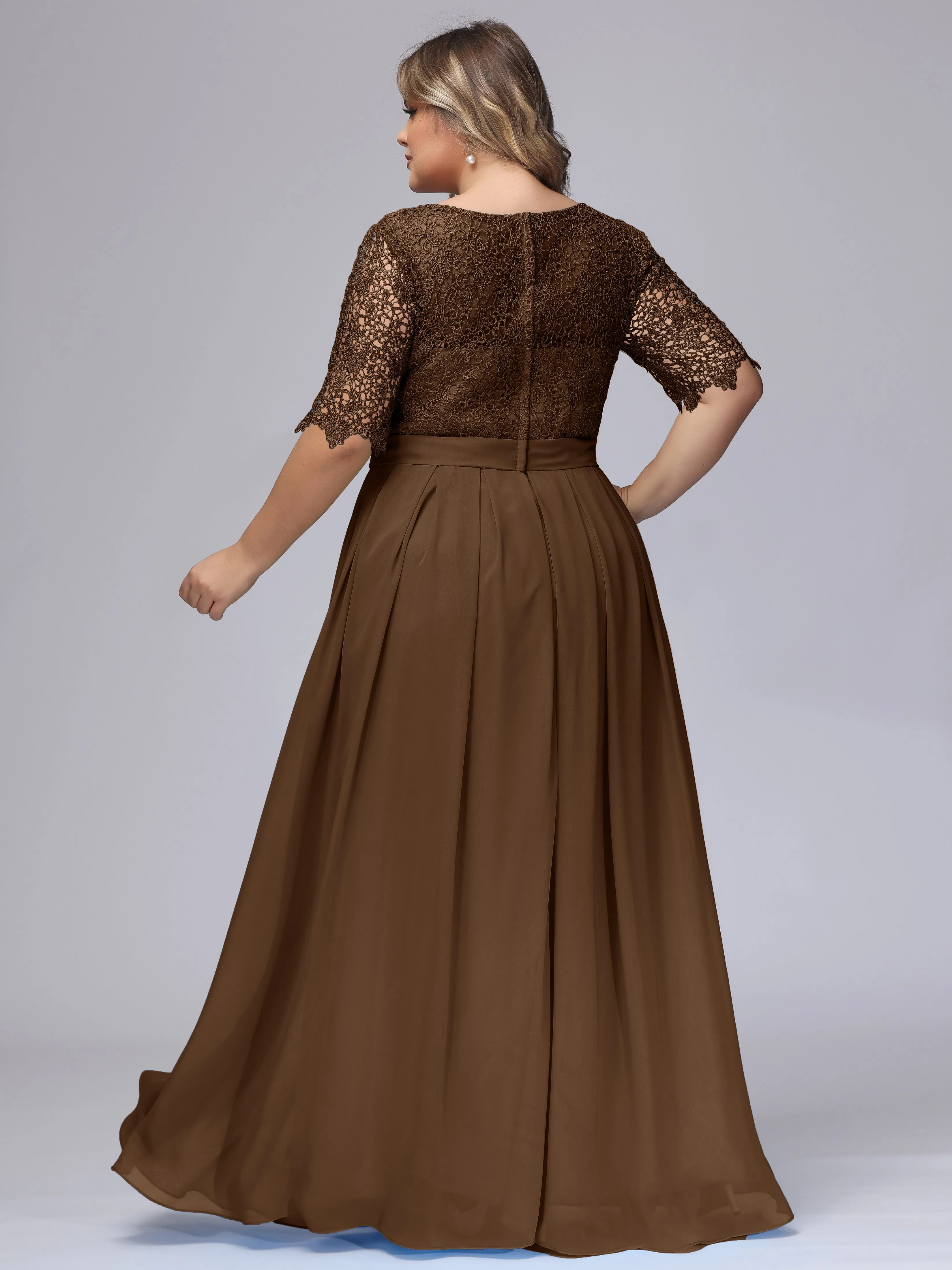 Half Sleeves Scoop Lace Long Plus Size Bridesmaid Dresses