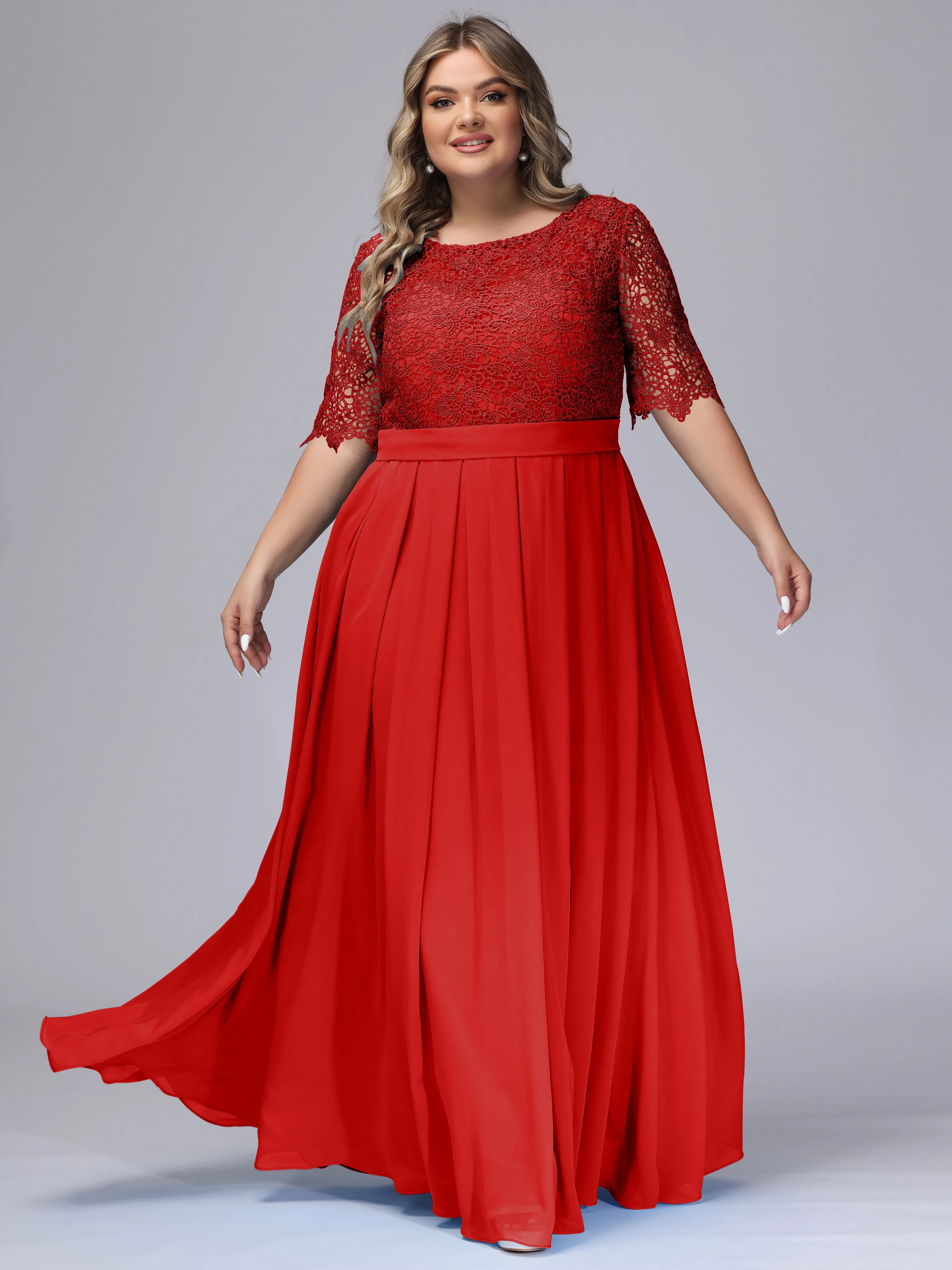 Half Sleeves Scoop Lace Long Plus Size Bridesmaid Dresses