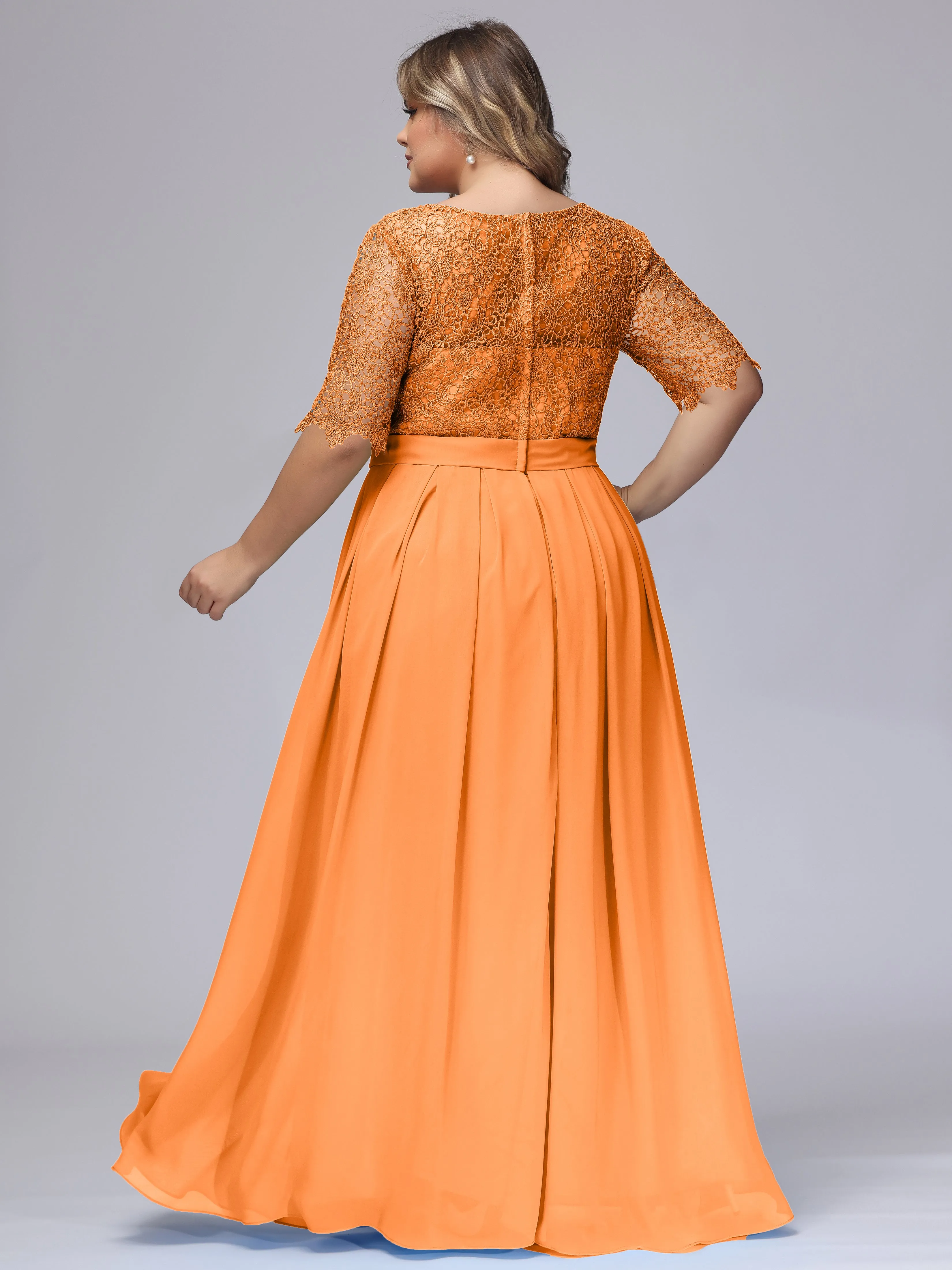 Half Sleeves Scoop Lace Long Plus Size Bridesmaid Dresses