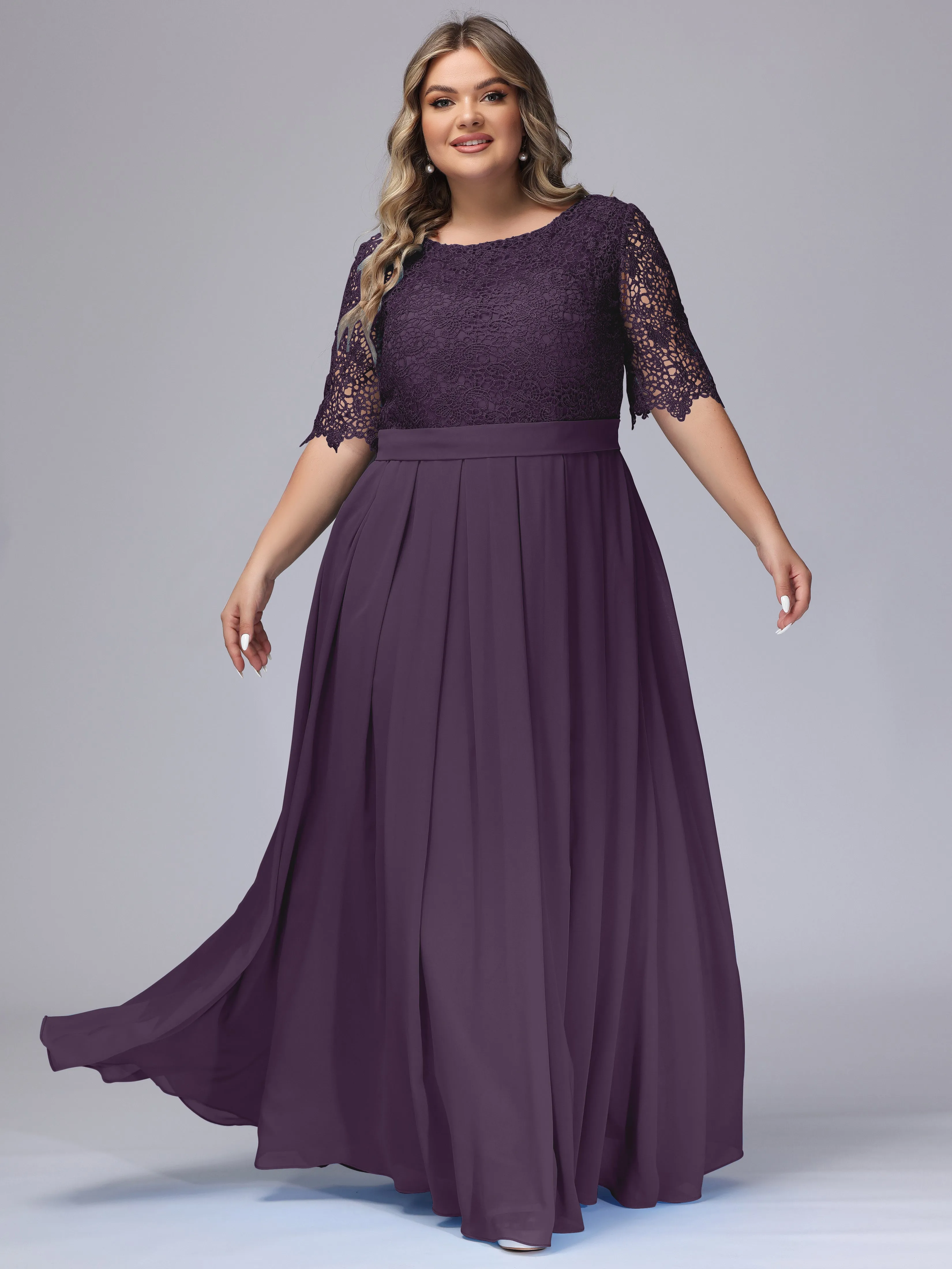Half Sleeves Scoop Lace Long Plus Size Bridesmaid Dresses