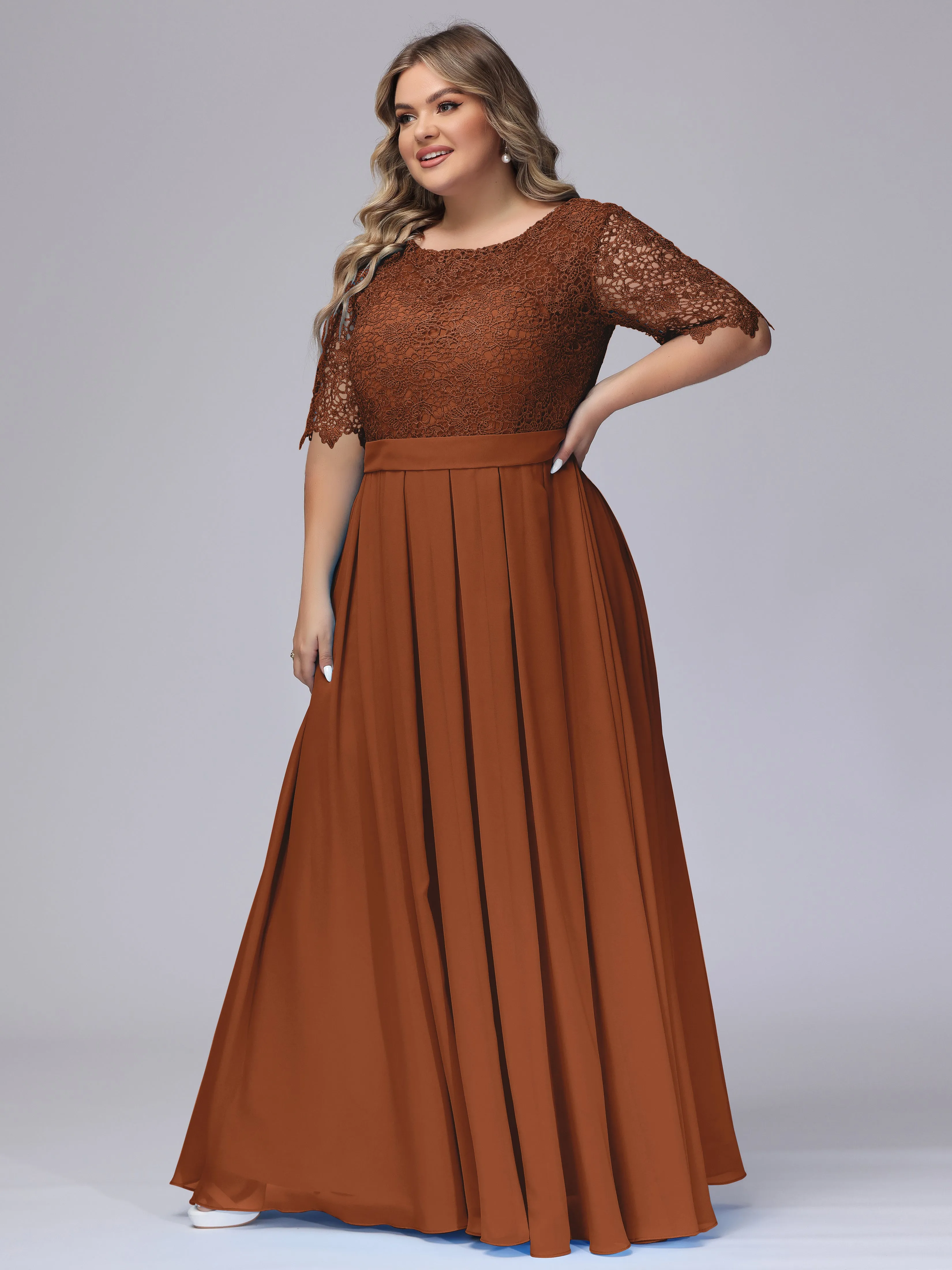 Half Sleeves Scoop Lace Long Plus Size Bridesmaid Dresses