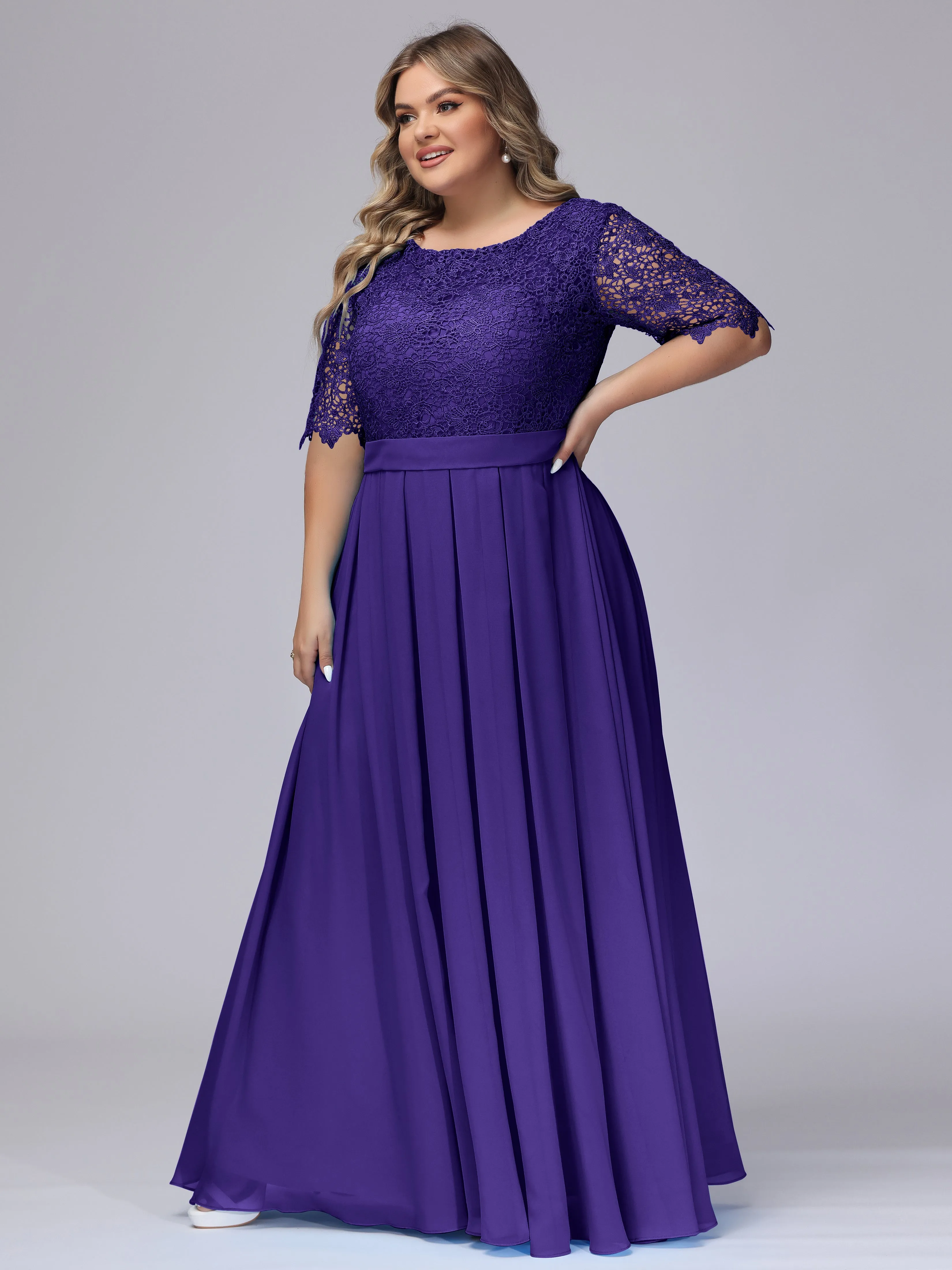 Half Sleeves Scoop Lace Long Plus Size Bridesmaid Dresses