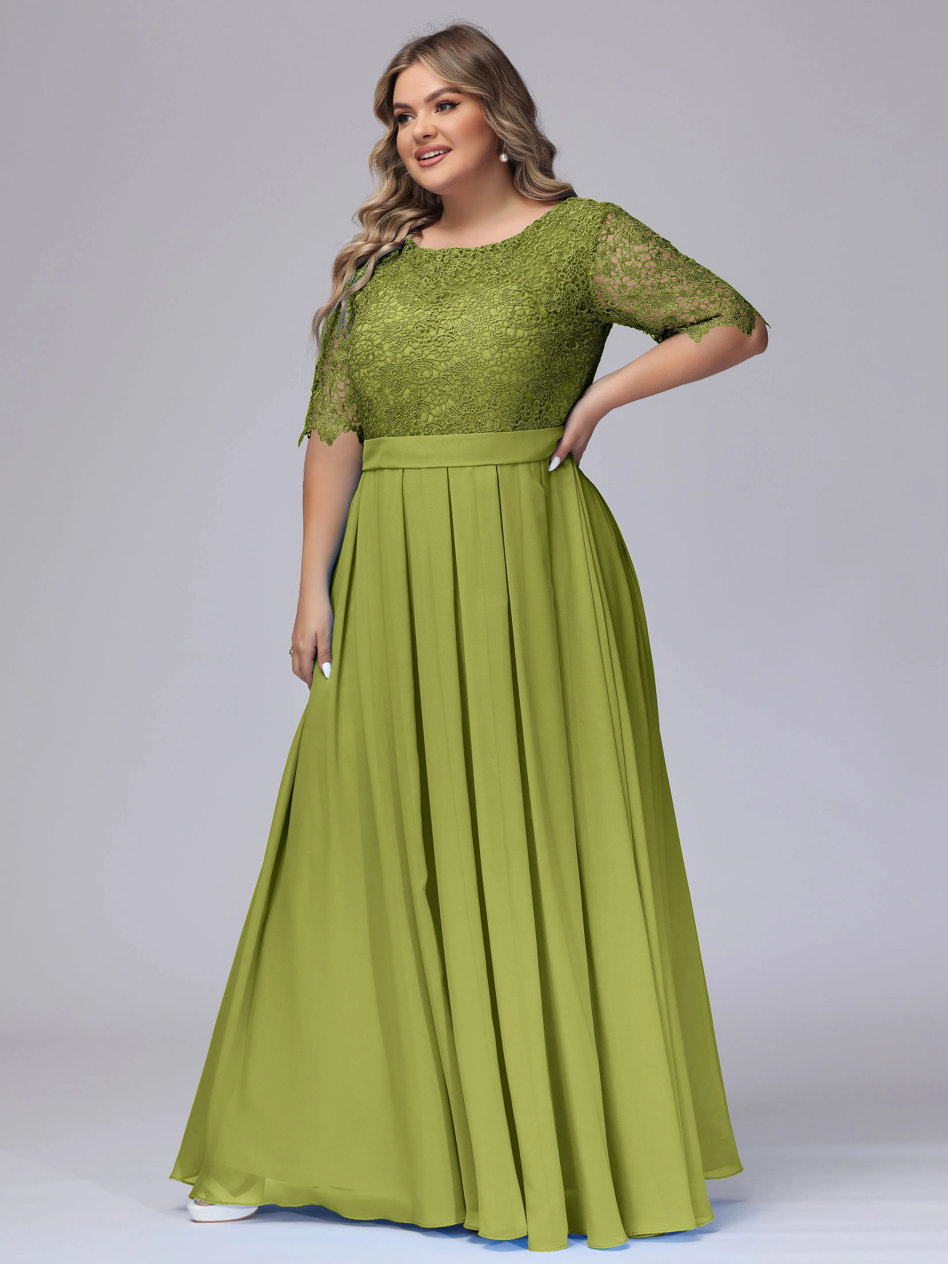 Half Sleeves Scoop Lace Long Plus Size Bridesmaid Dresses