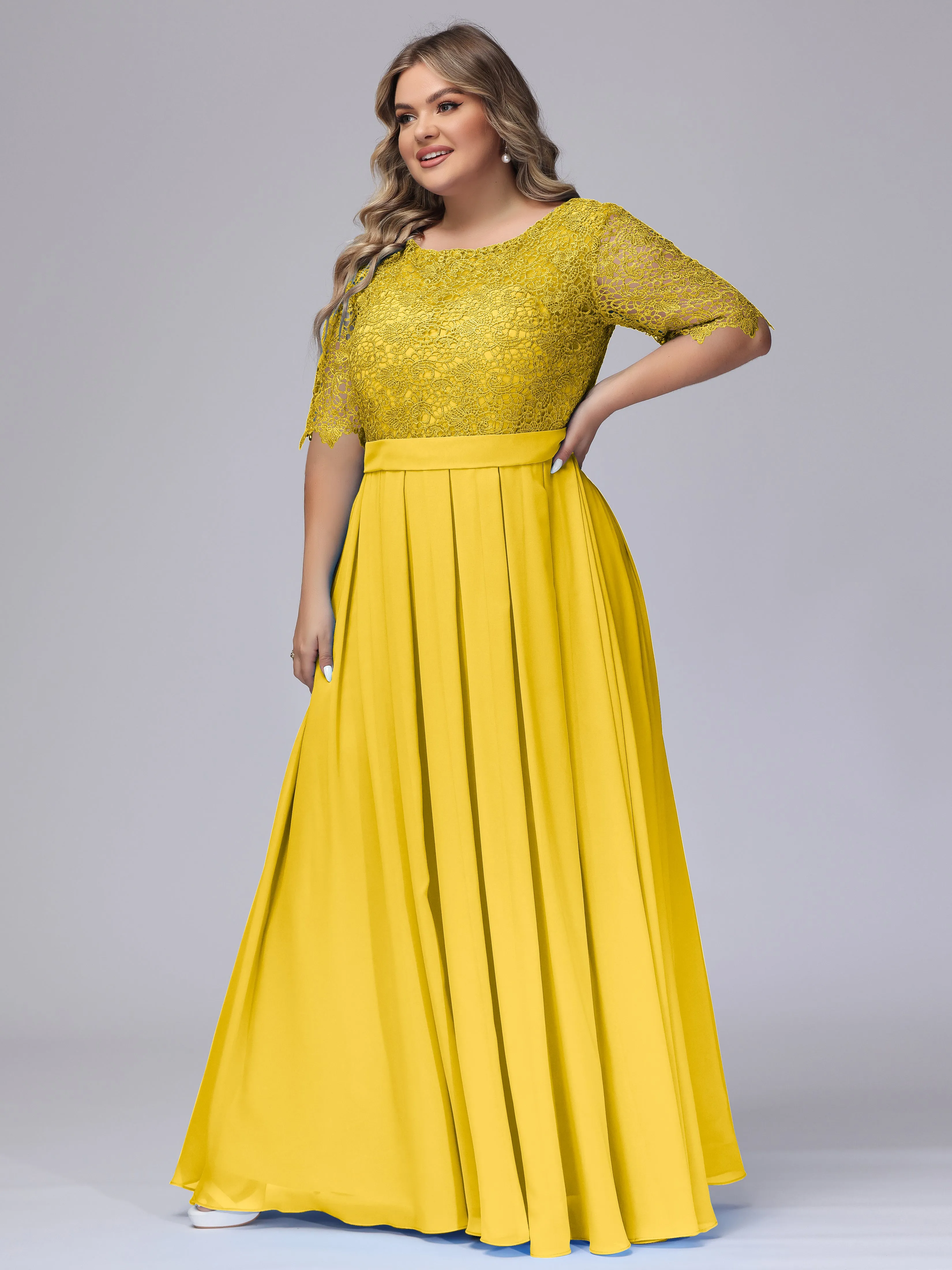 Half Sleeves Scoop Lace Long Plus Size Bridesmaid Dresses