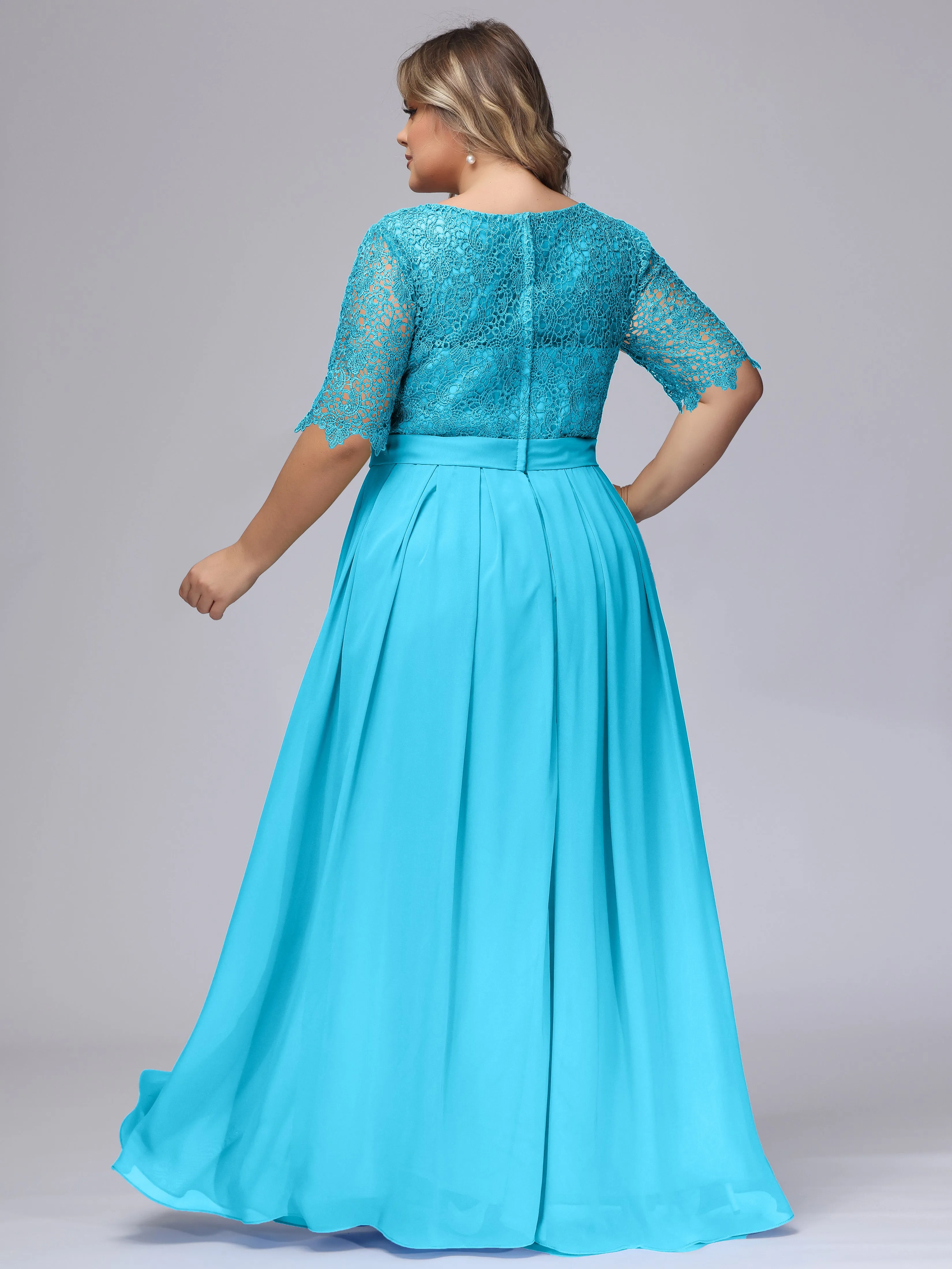 Half Sleeves Scoop Lace Long Plus Size Bridesmaid Dresses