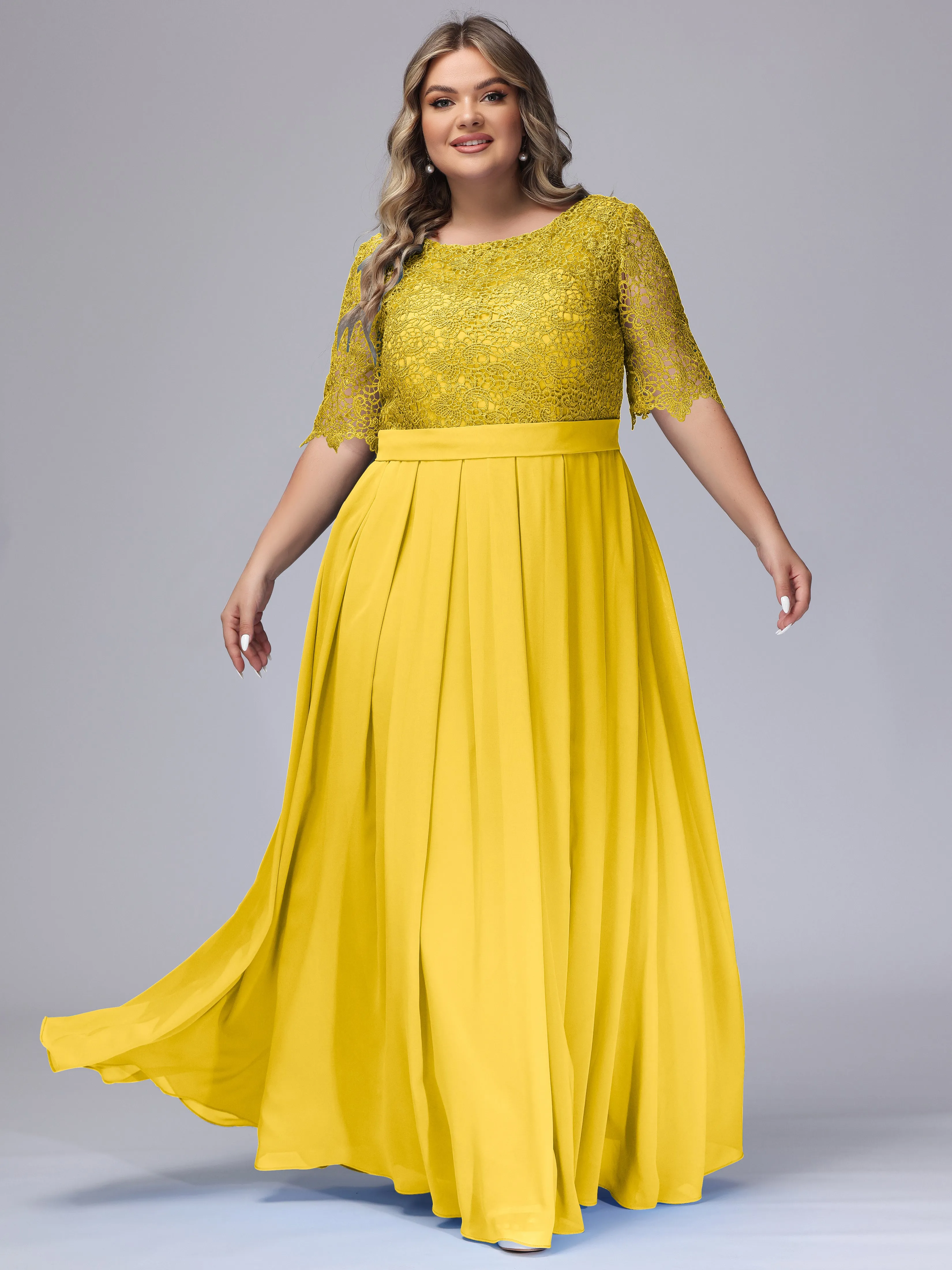 Half Sleeves Scoop Lace Long Plus Size Bridesmaid Dresses