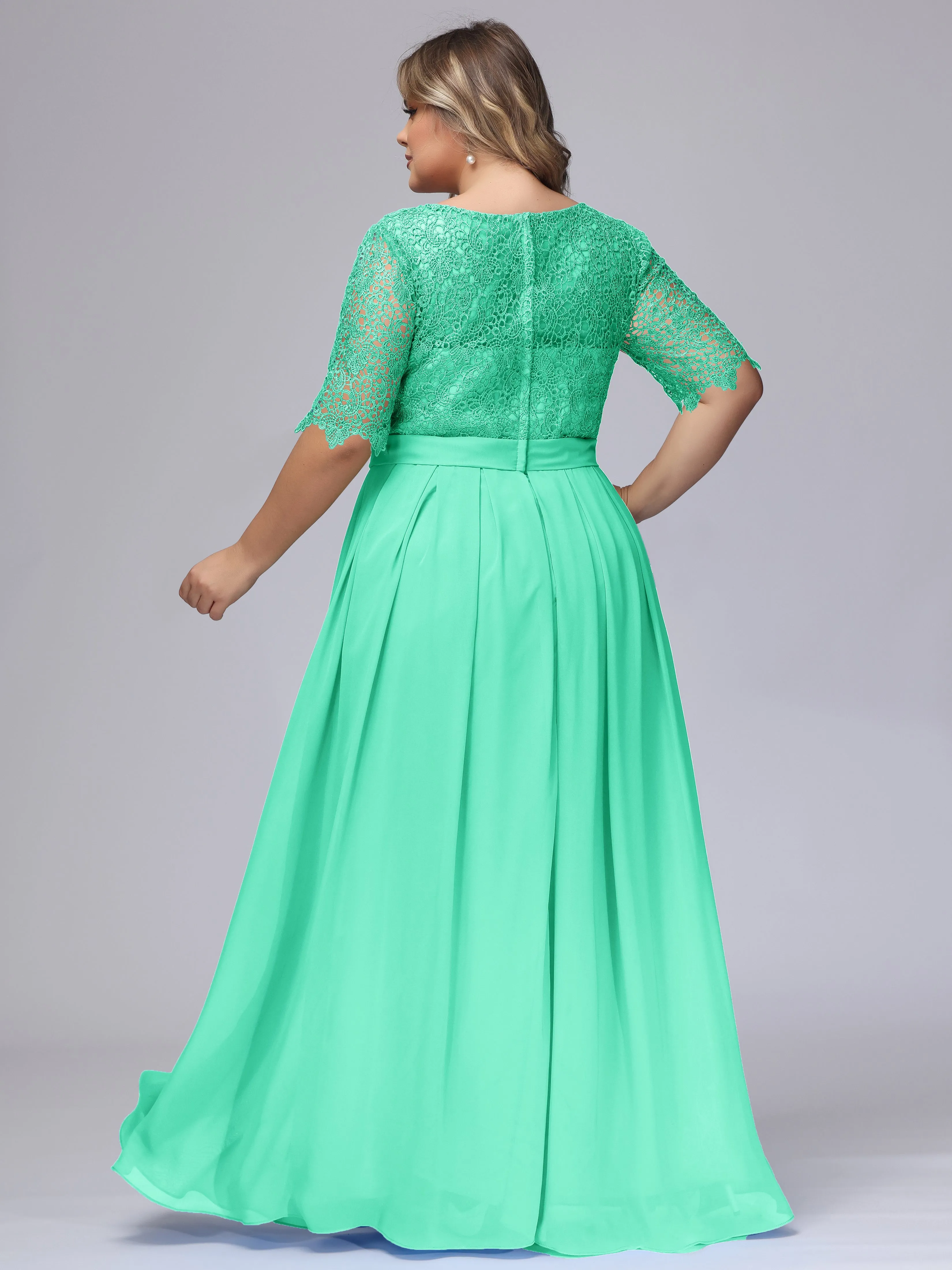 Half Sleeves Scoop Lace Long Plus Size Bridesmaid Dresses