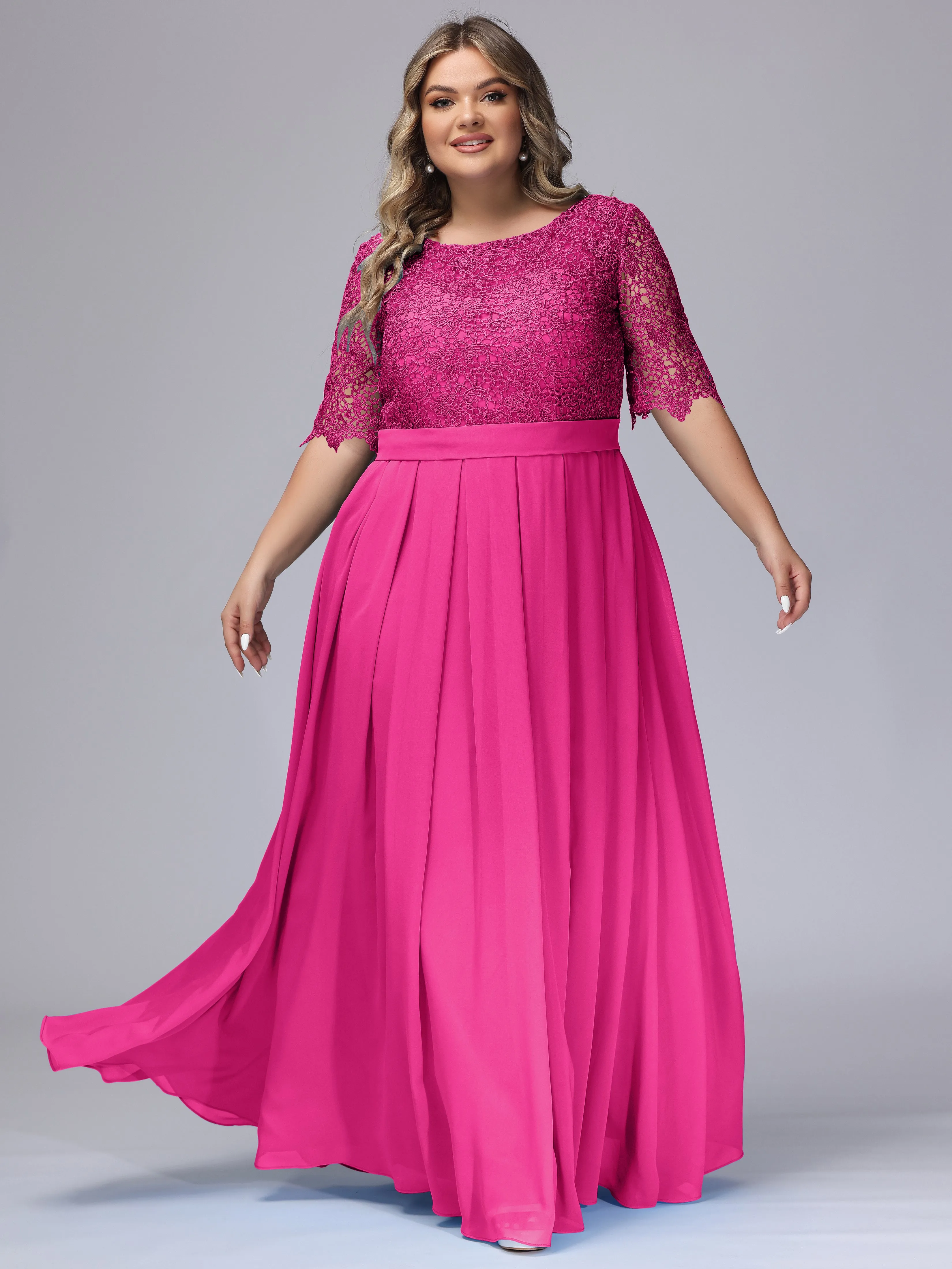 Half Sleeves Scoop Lace Long Plus Size Bridesmaid Dresses