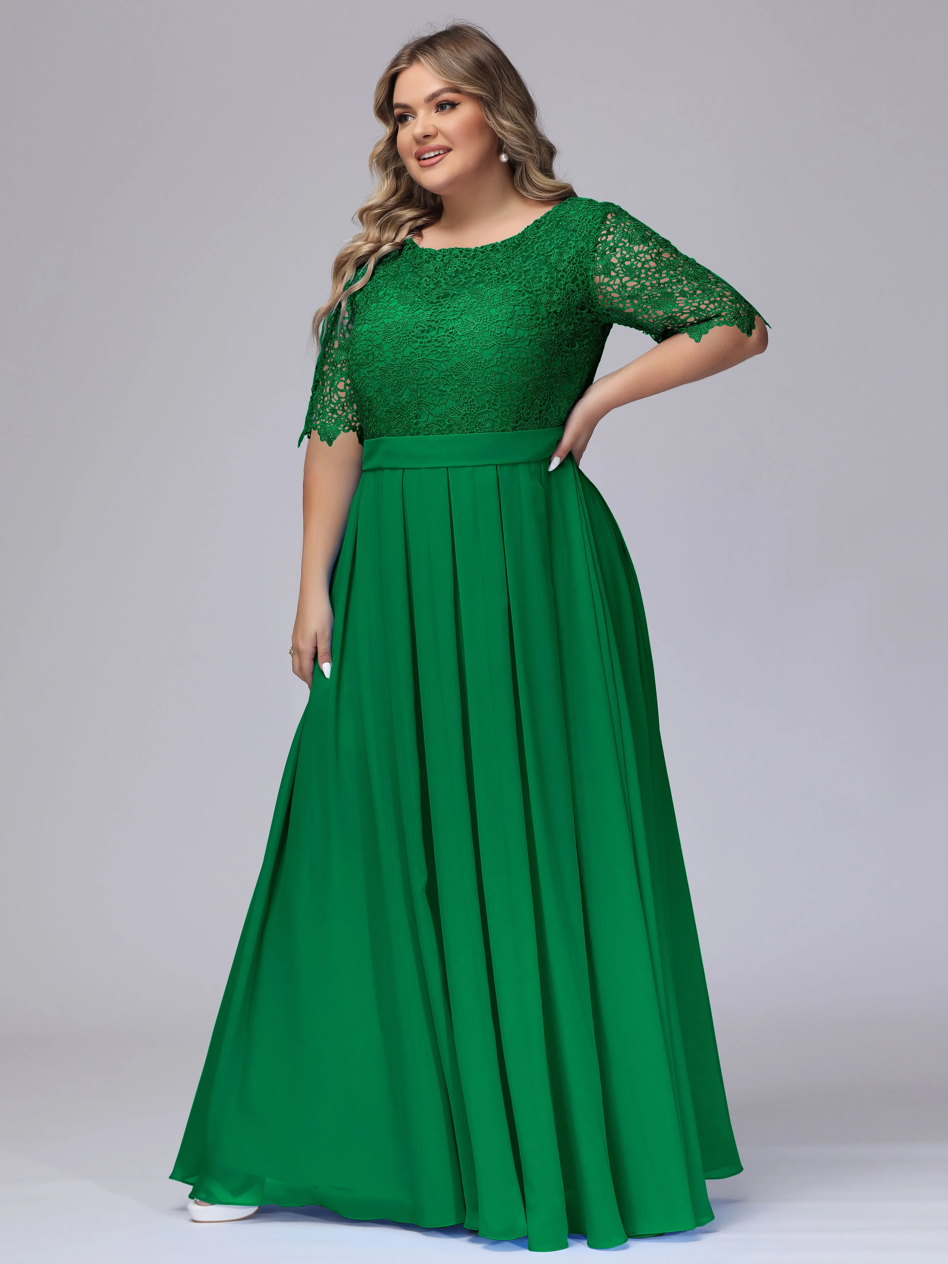 Half Sleeves Scoop Lace Long Plus Size Bridesmaid Dresses