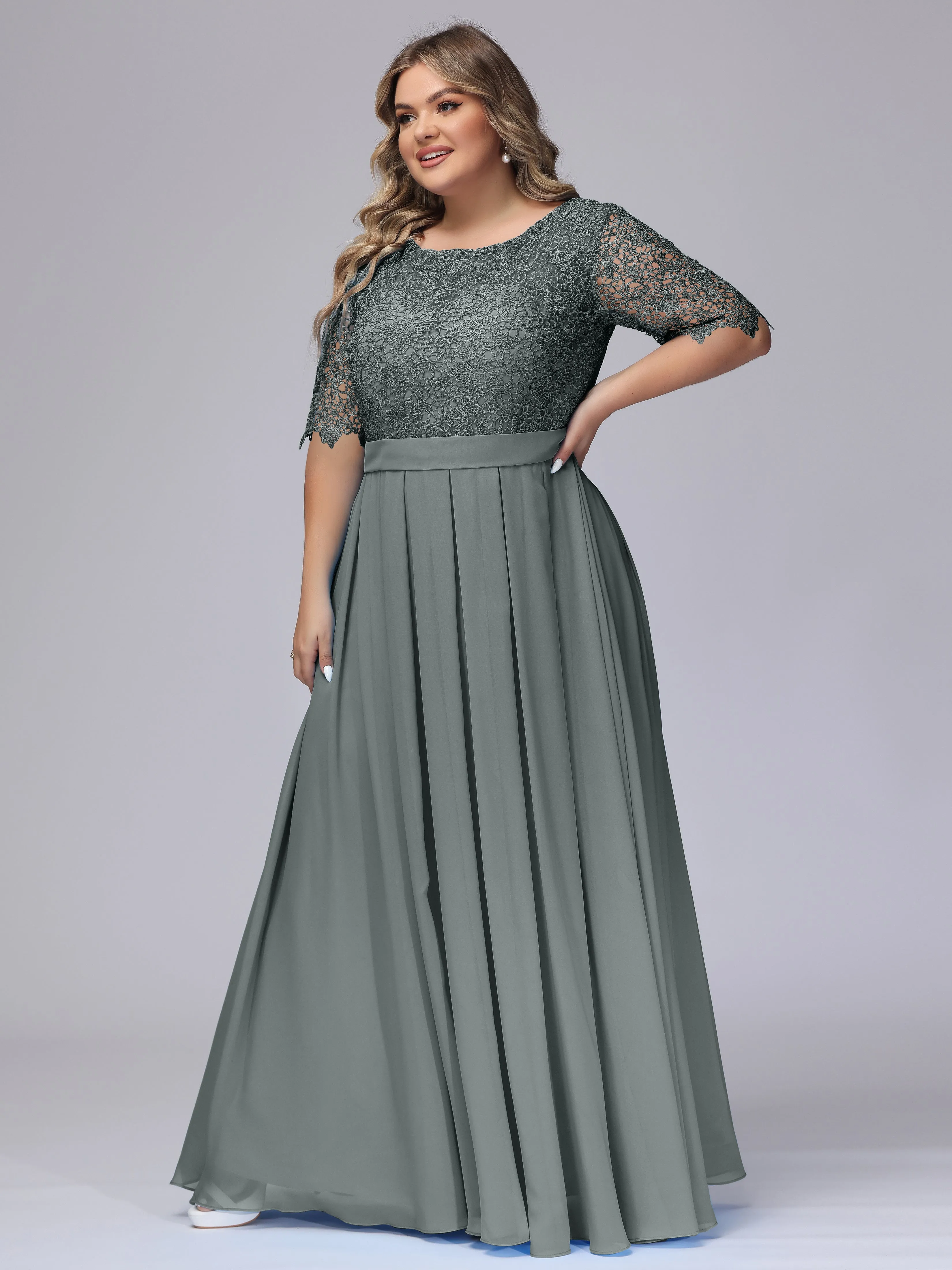 Half Sleeves Scoop Lace Long Plus Size Bridesmaid Dresses