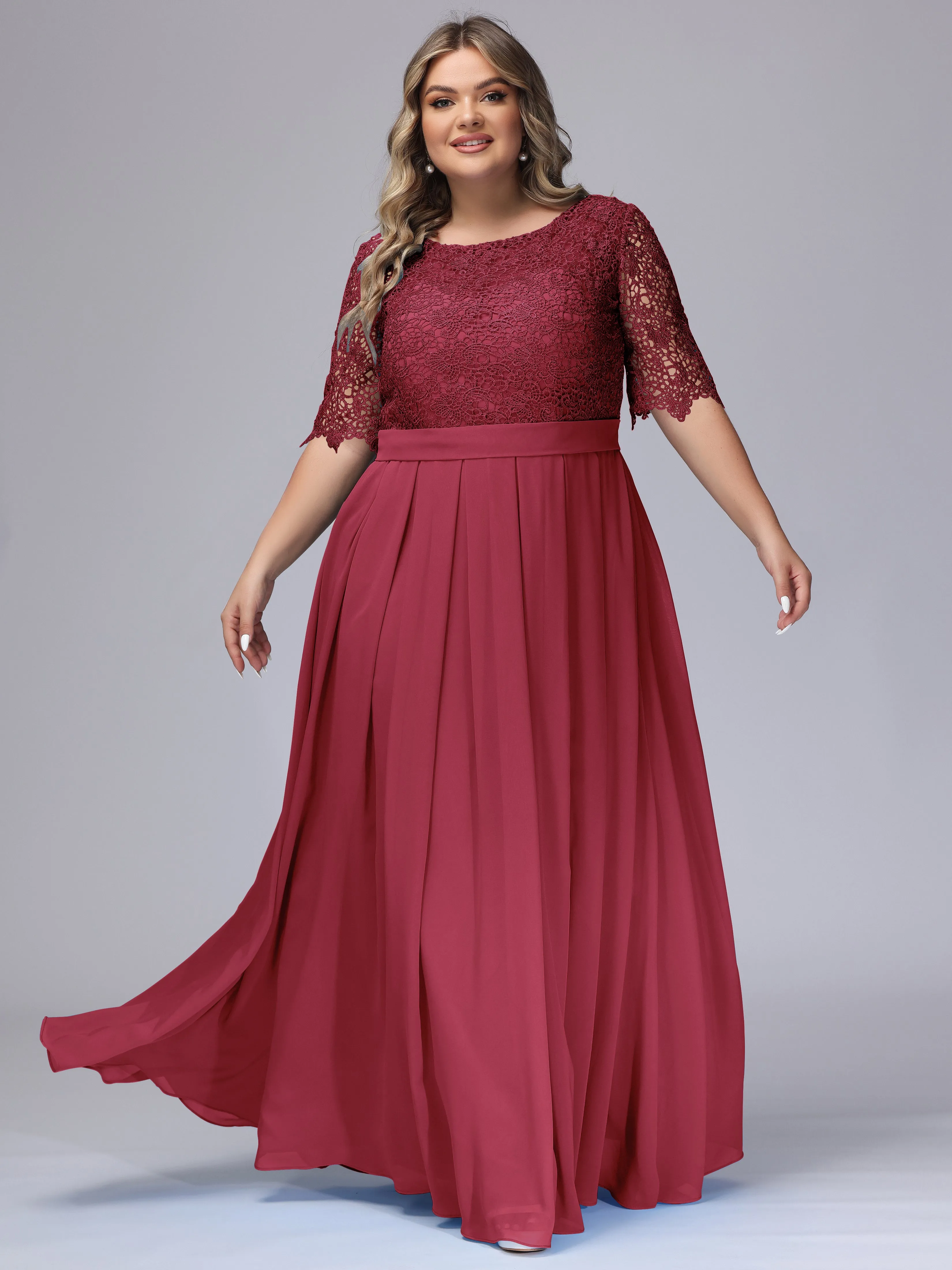 Half Sleeves Scoop Lace Long Plus Size Bridesmaid Dresses