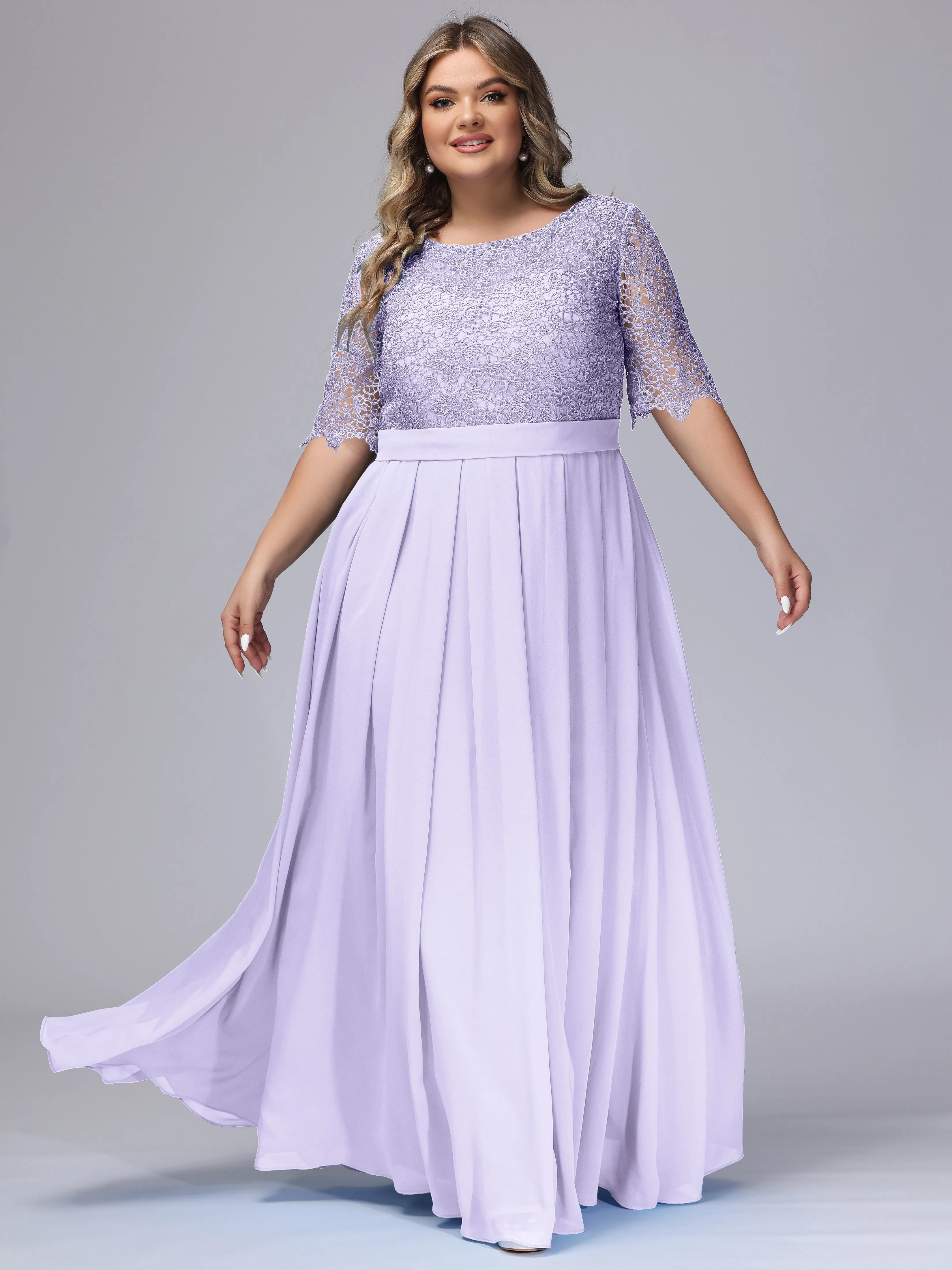Half Sleeves Scoop Lace Long Plus Size Bridesmaid Dresses