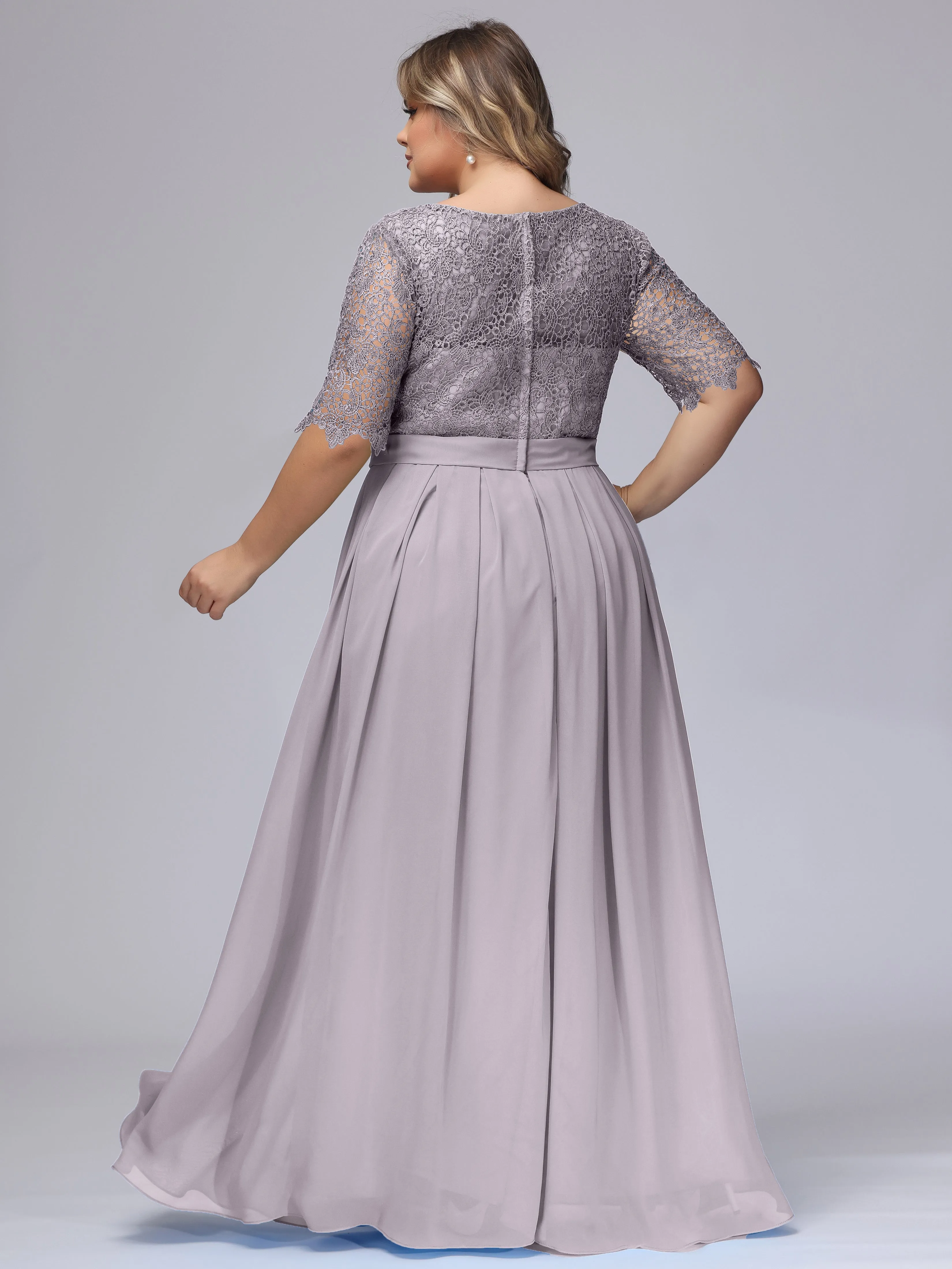 Half Sleeves Scoop Lace Long Plus Size Bridesmaid Dresses