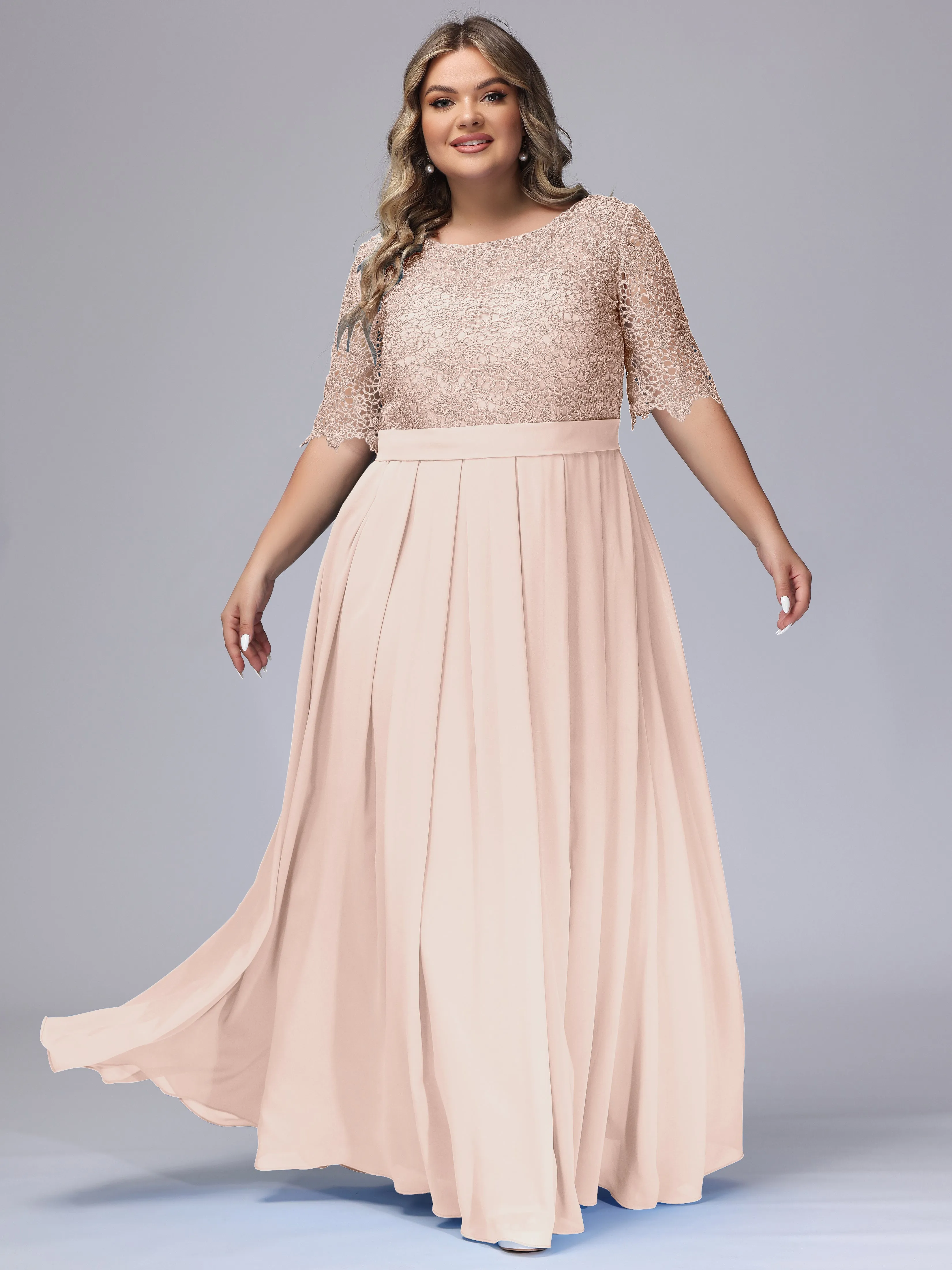 Half Sleeves Scoop Lace Long Plus Size Bridesmaid Dresses