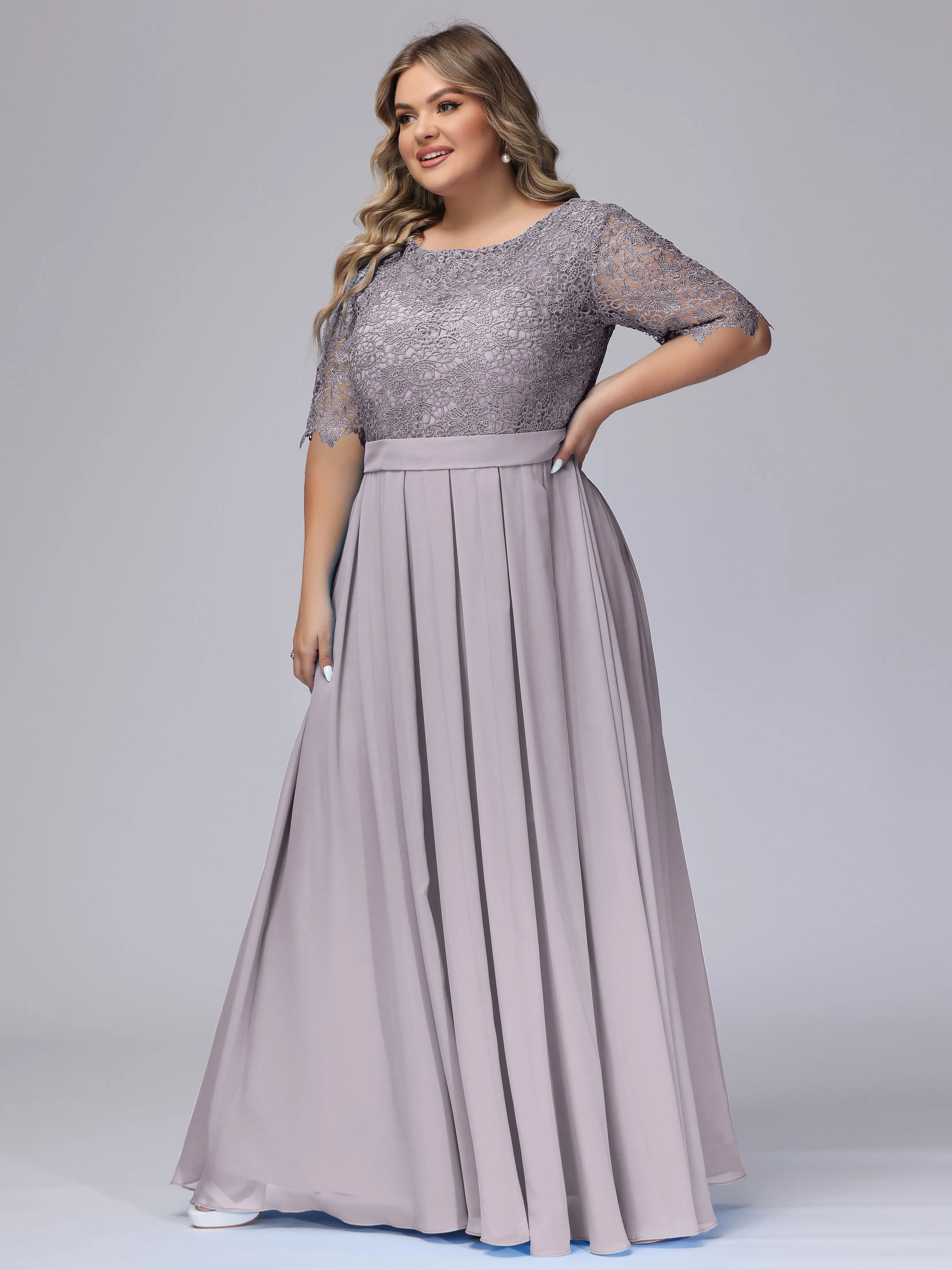 Half Sleeves Scoop Lace Long Plus Size Bridesmaid Dresses