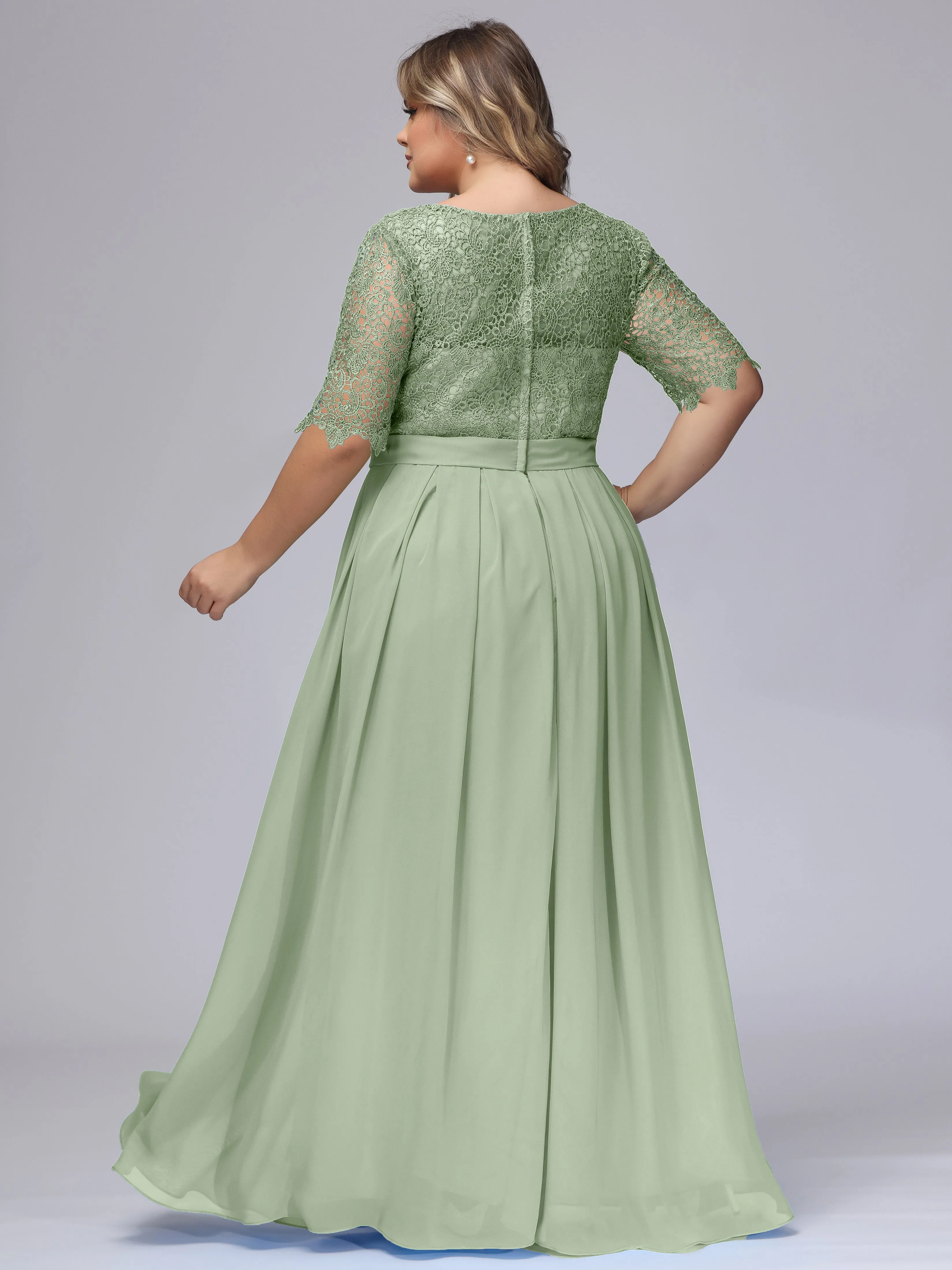 Half Sleeves Scoop Lace Long Plus Size Bridesmaid Dresses