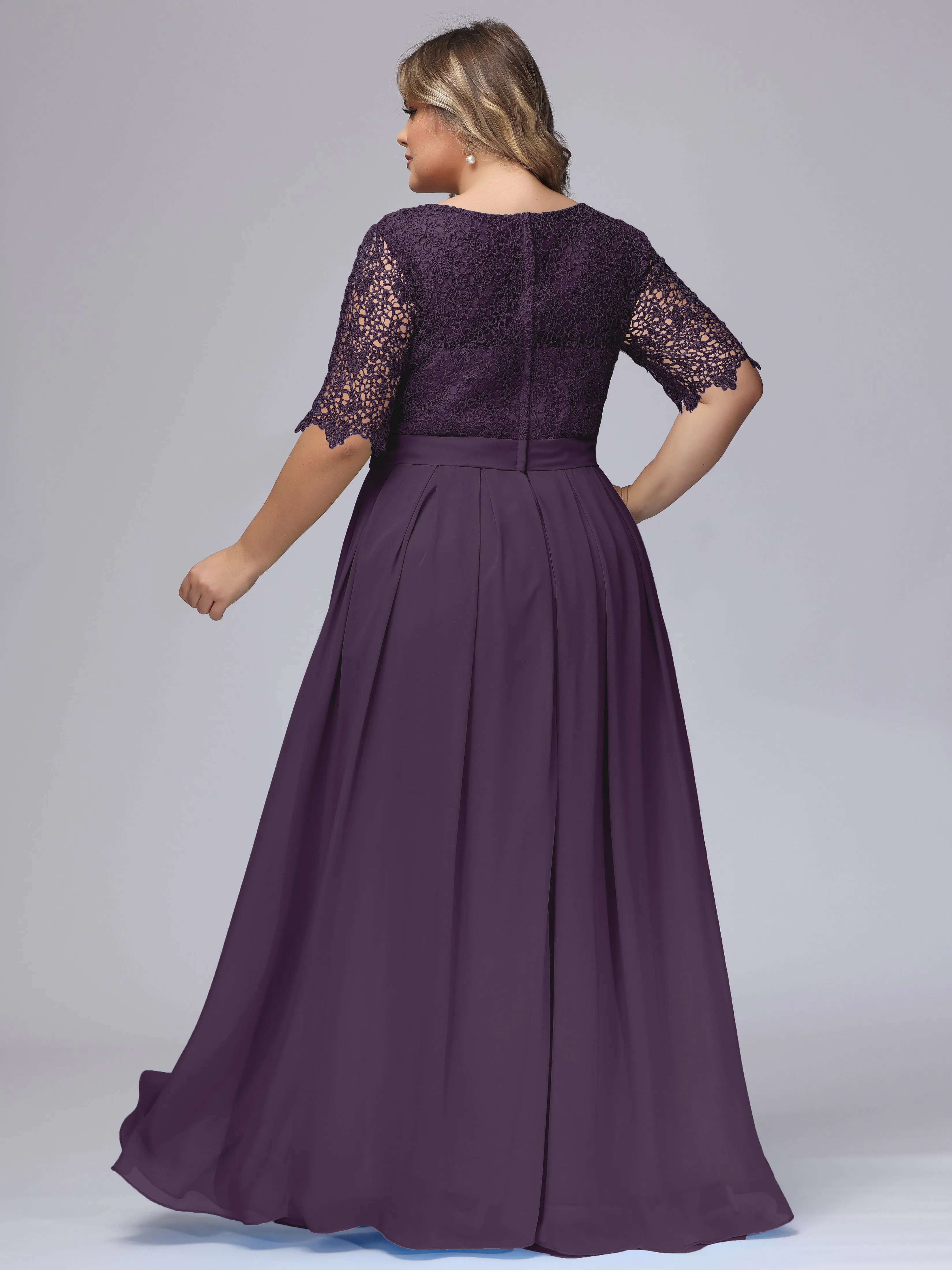 Half Sleeves Scoop Lace Long Plus Size Bridesmaid Dresses