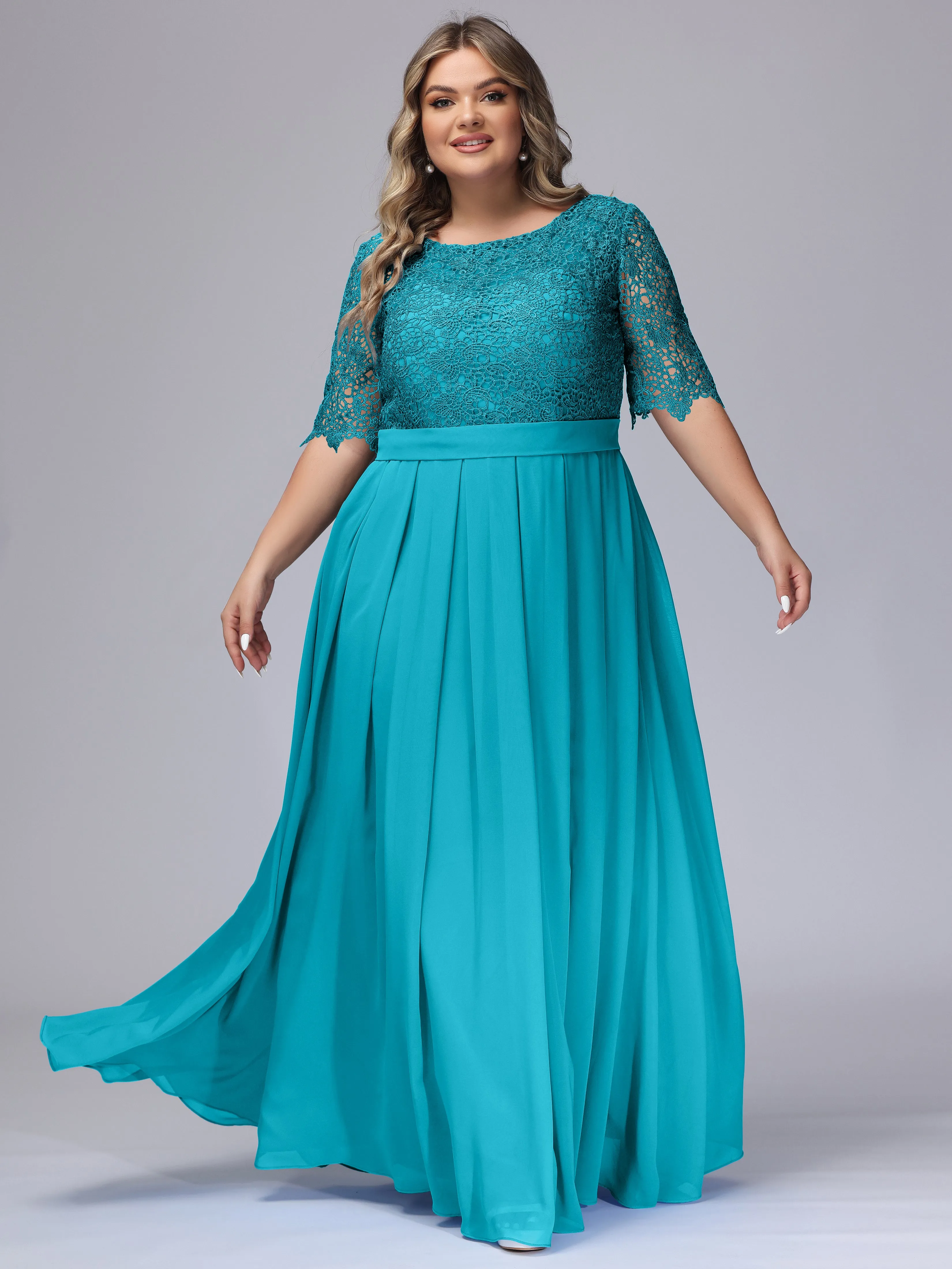 Half Sleeves Scoop Lace Long Plus Size Bridesmaid Dresses