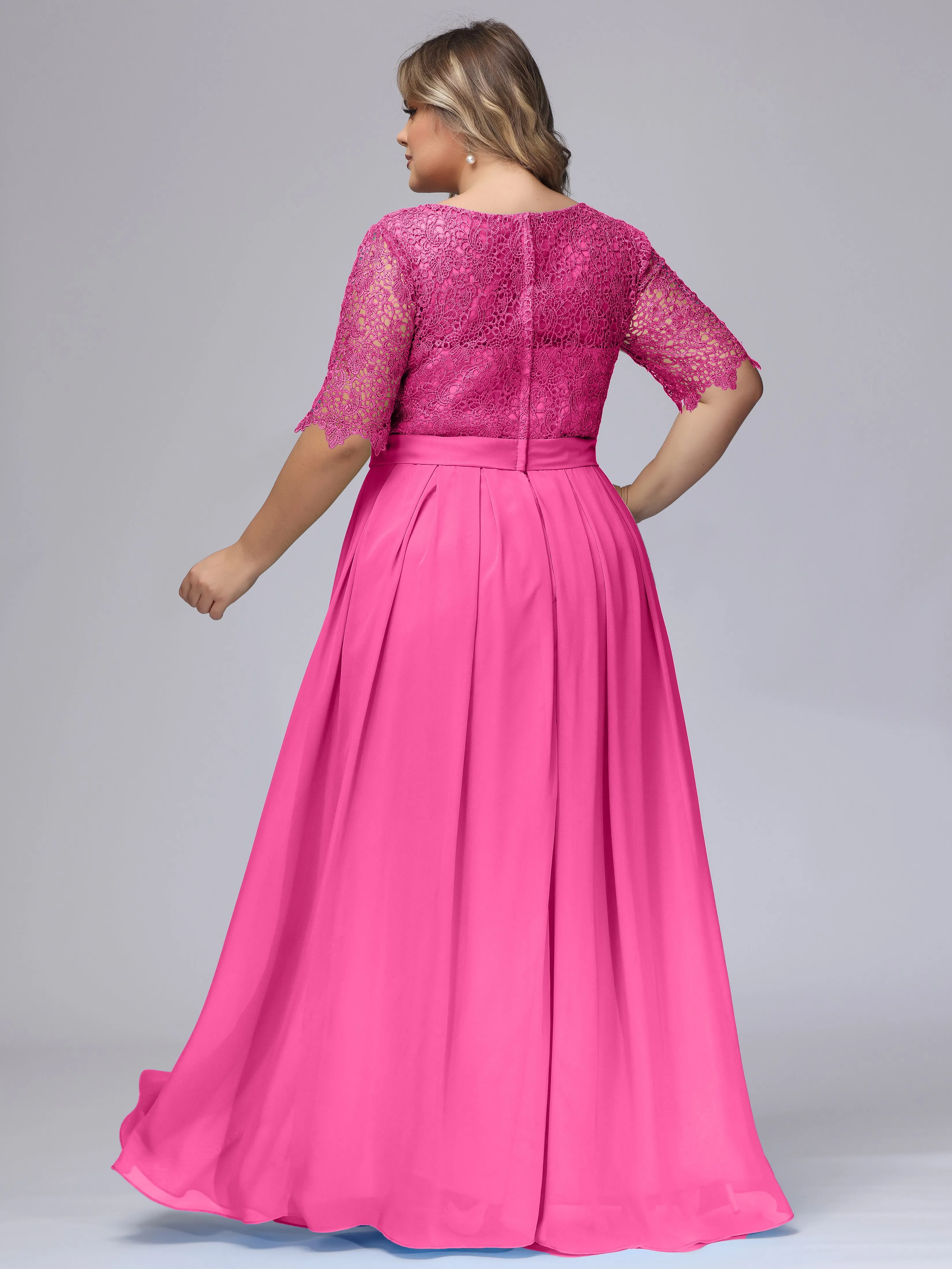 Half Sleeves Scoop Lace Long Plus Size Bridesmaid Dresses