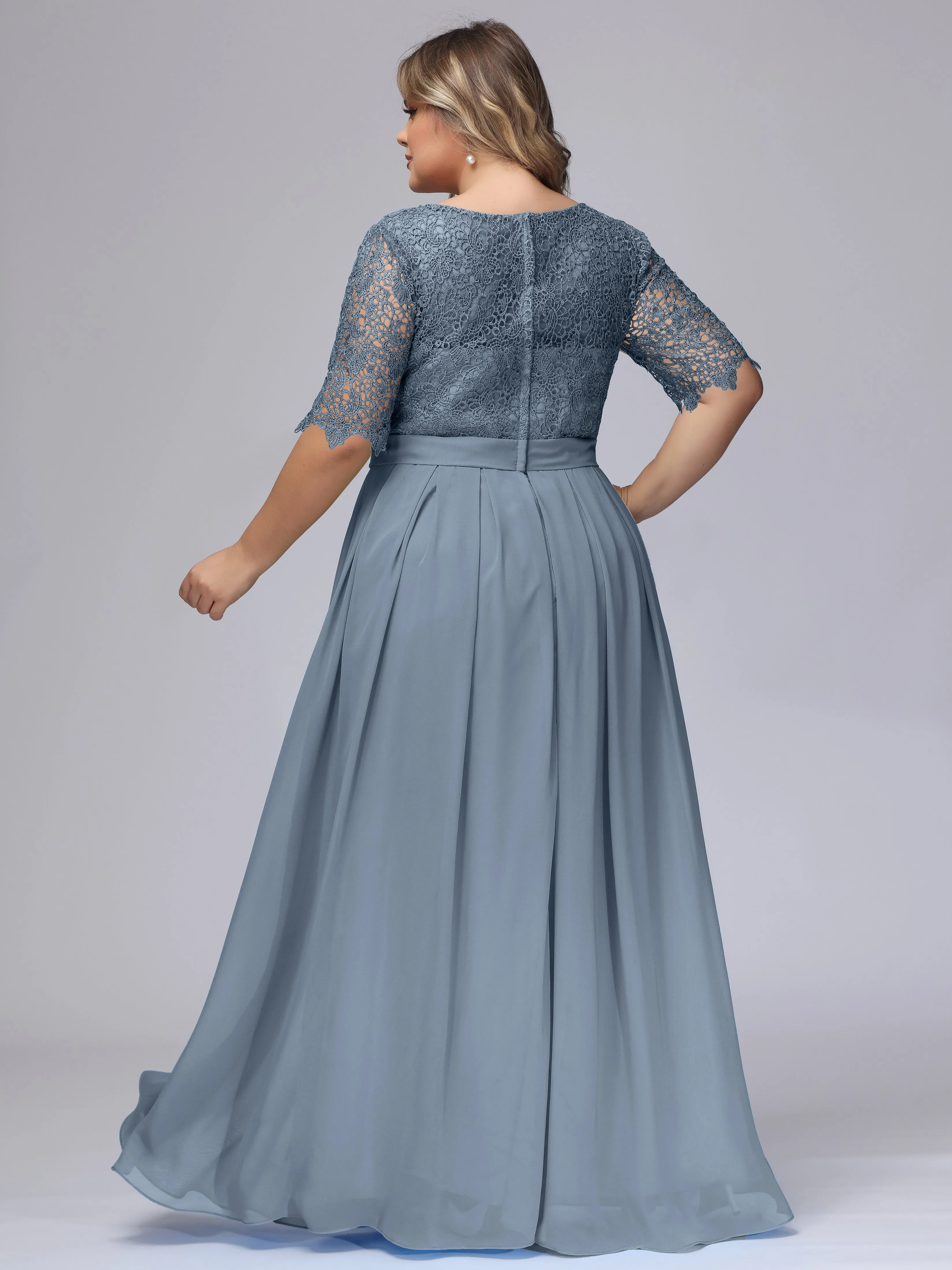Half Sleeves Scoop Lace Long Plus Size Bridesmaid Dresses