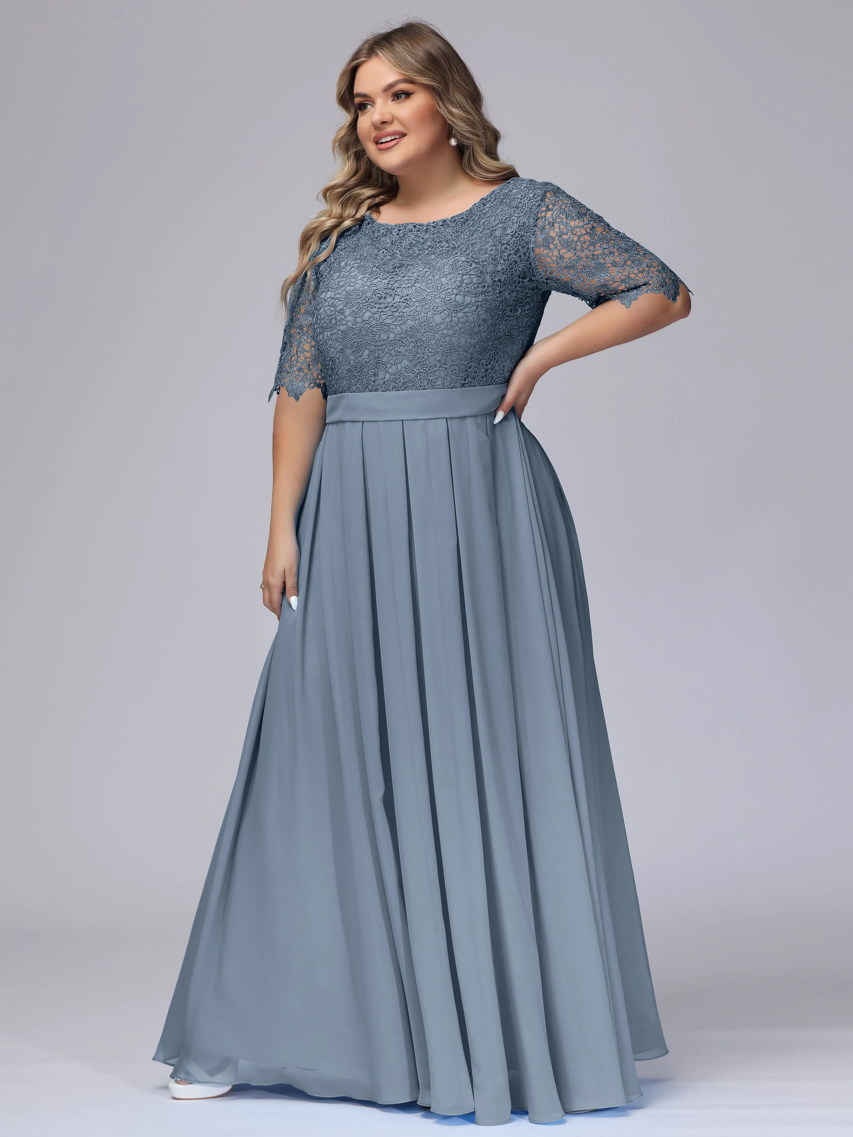 Half Sleeves Scoop Lace Long Plus Size Bridesmaid Dresses