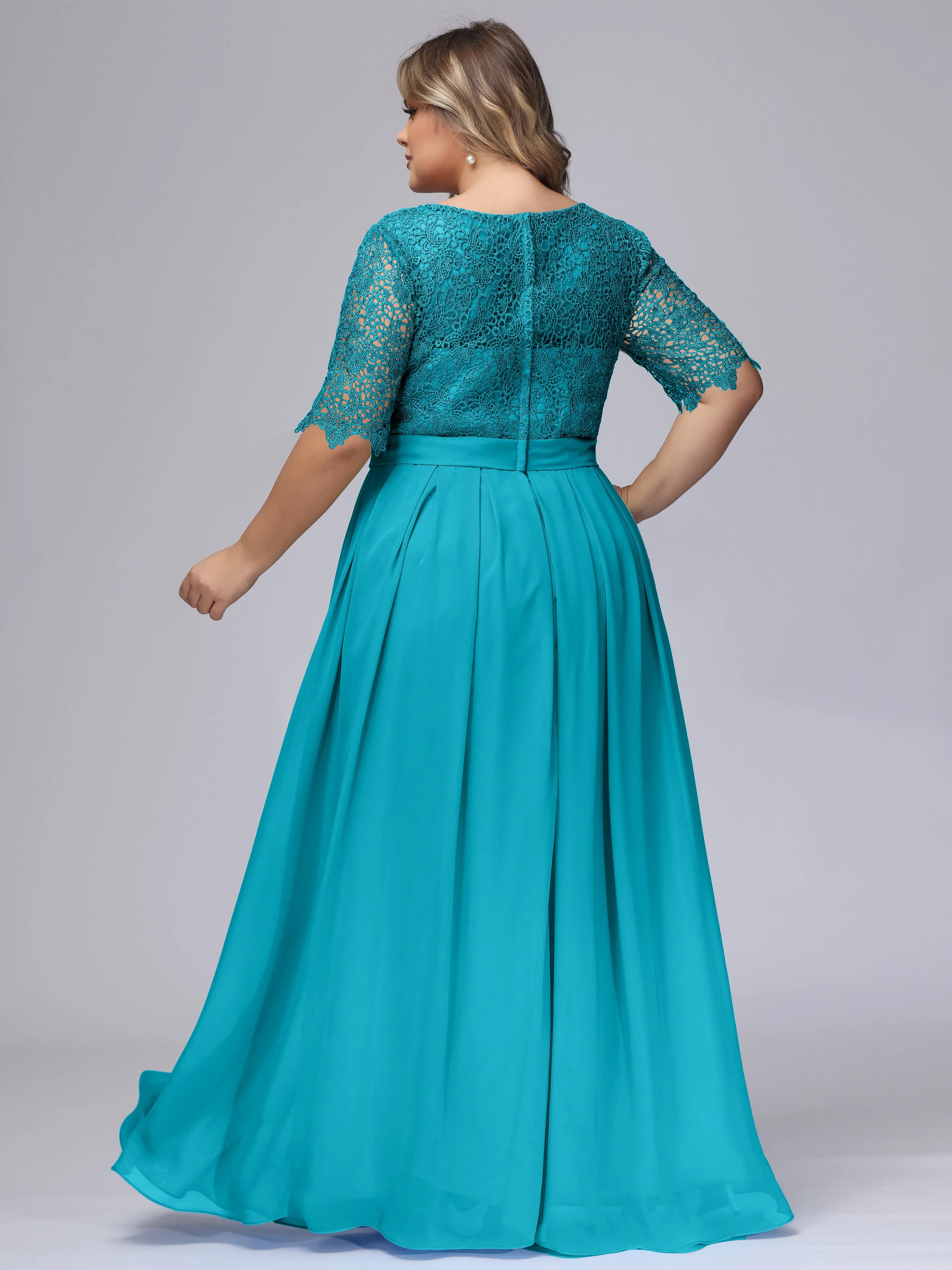Half Sleeves Scoop Lace Long Plus Size Bridesmaid Dresses