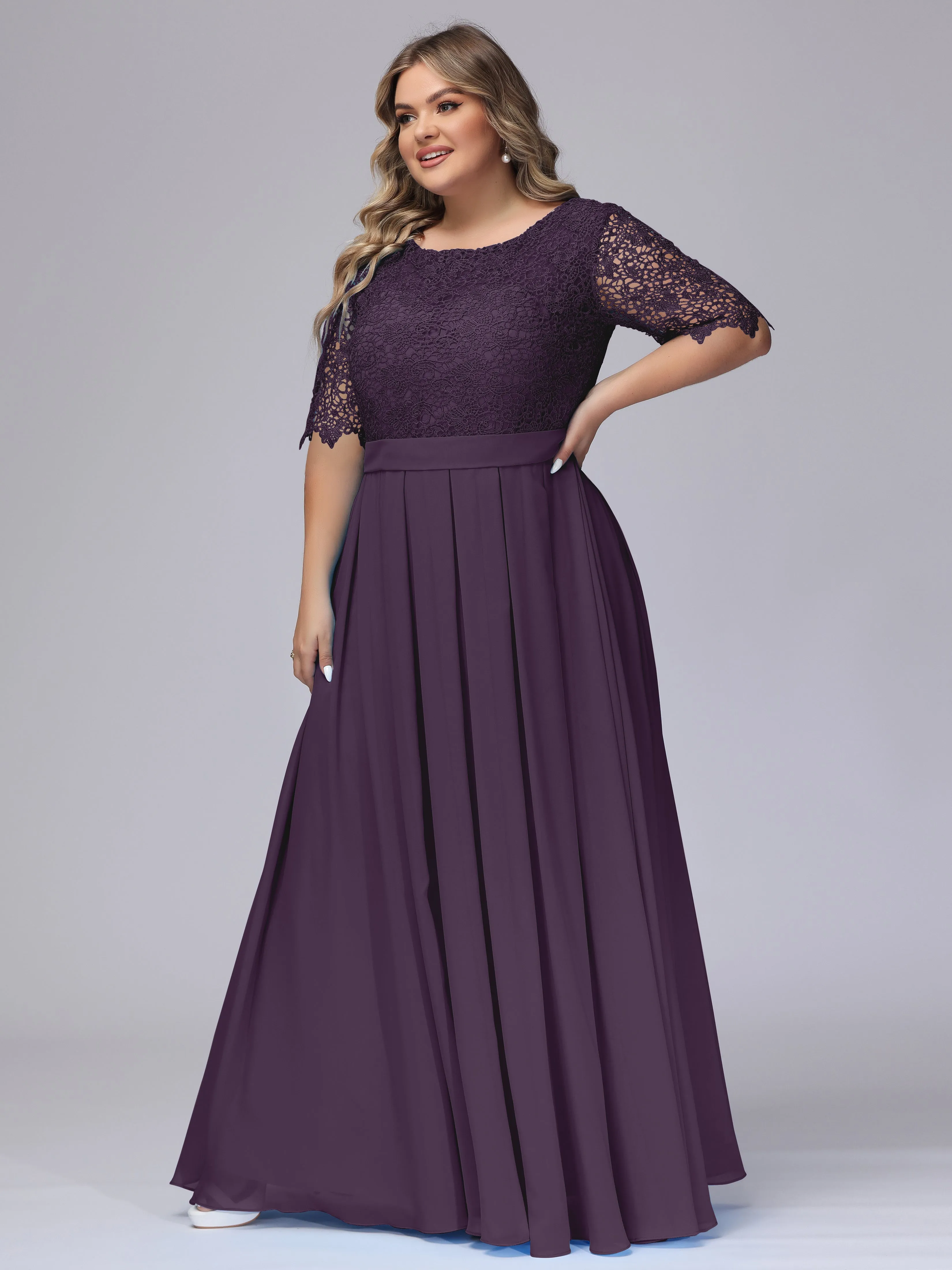 Half Sleeves Scoop Lace Long Plus Size Bridesmaid Dresses