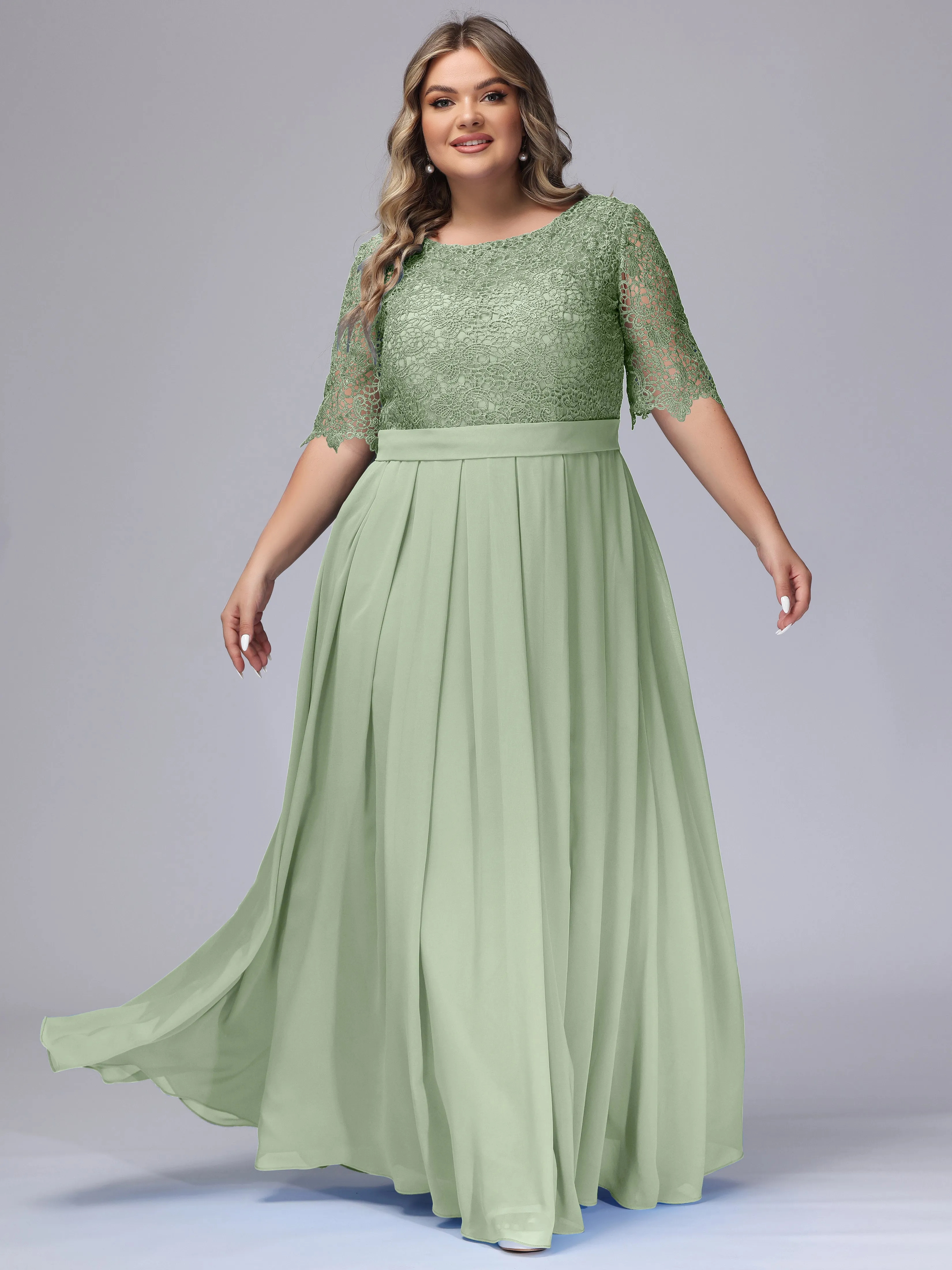 Half Sleeves Scoop Lace Long Plus Size Bridesmaid Dresses