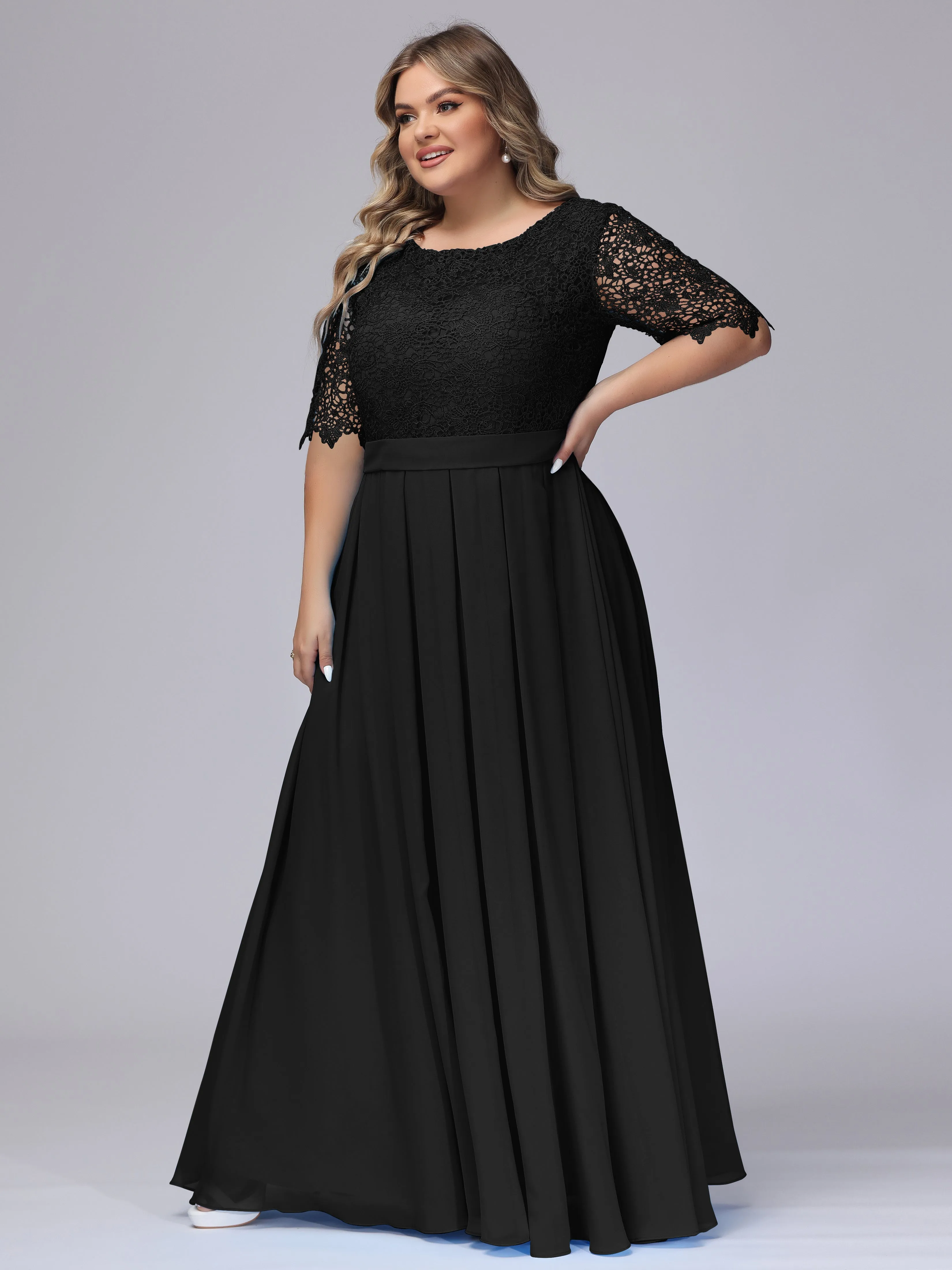 Half Sleeves Scoop Lace Long Plus Size Bridesmaid Dresses