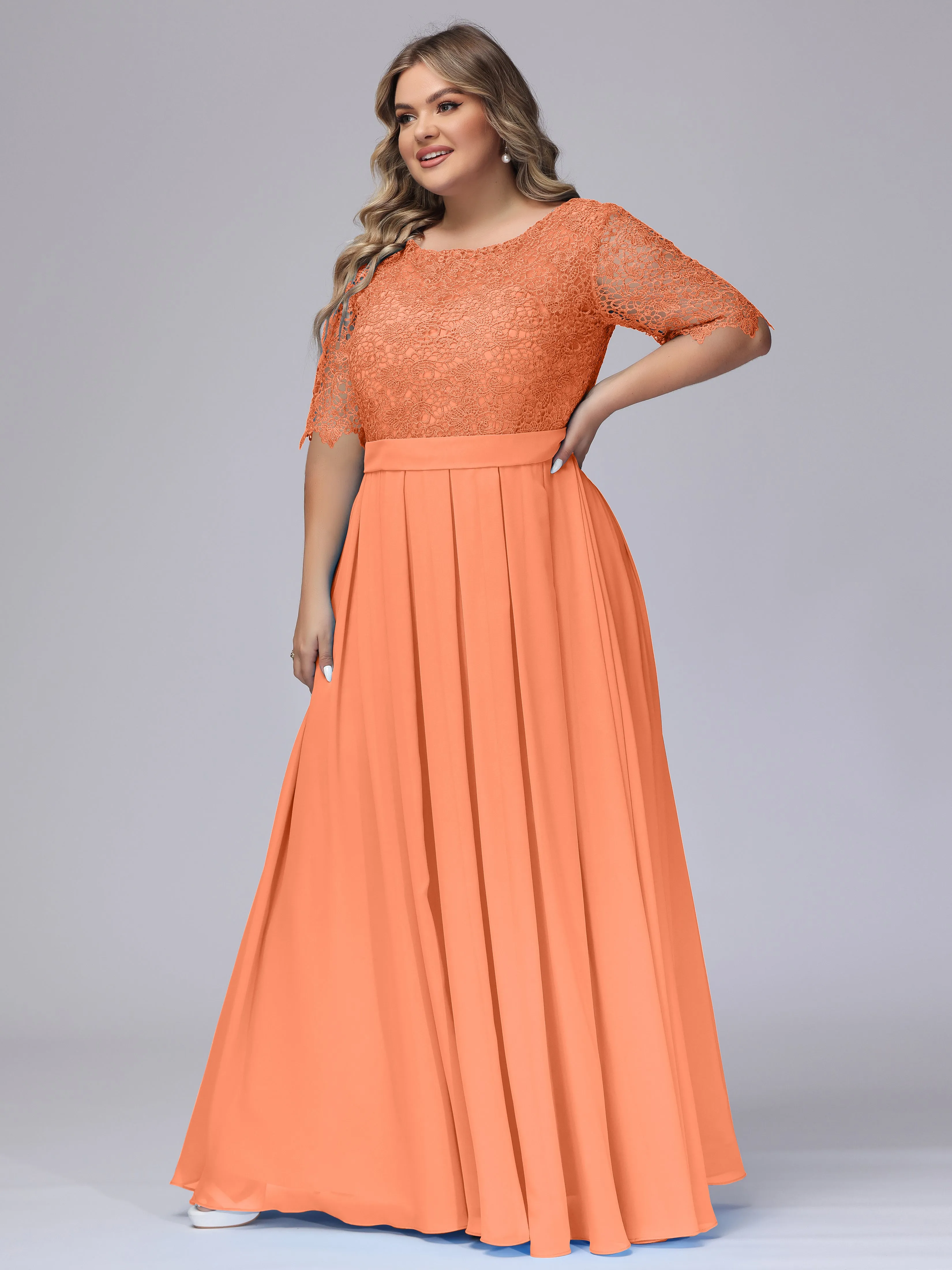 Half Sleeves Scoop Lace Long Plus Size Bridesmaid Dresses