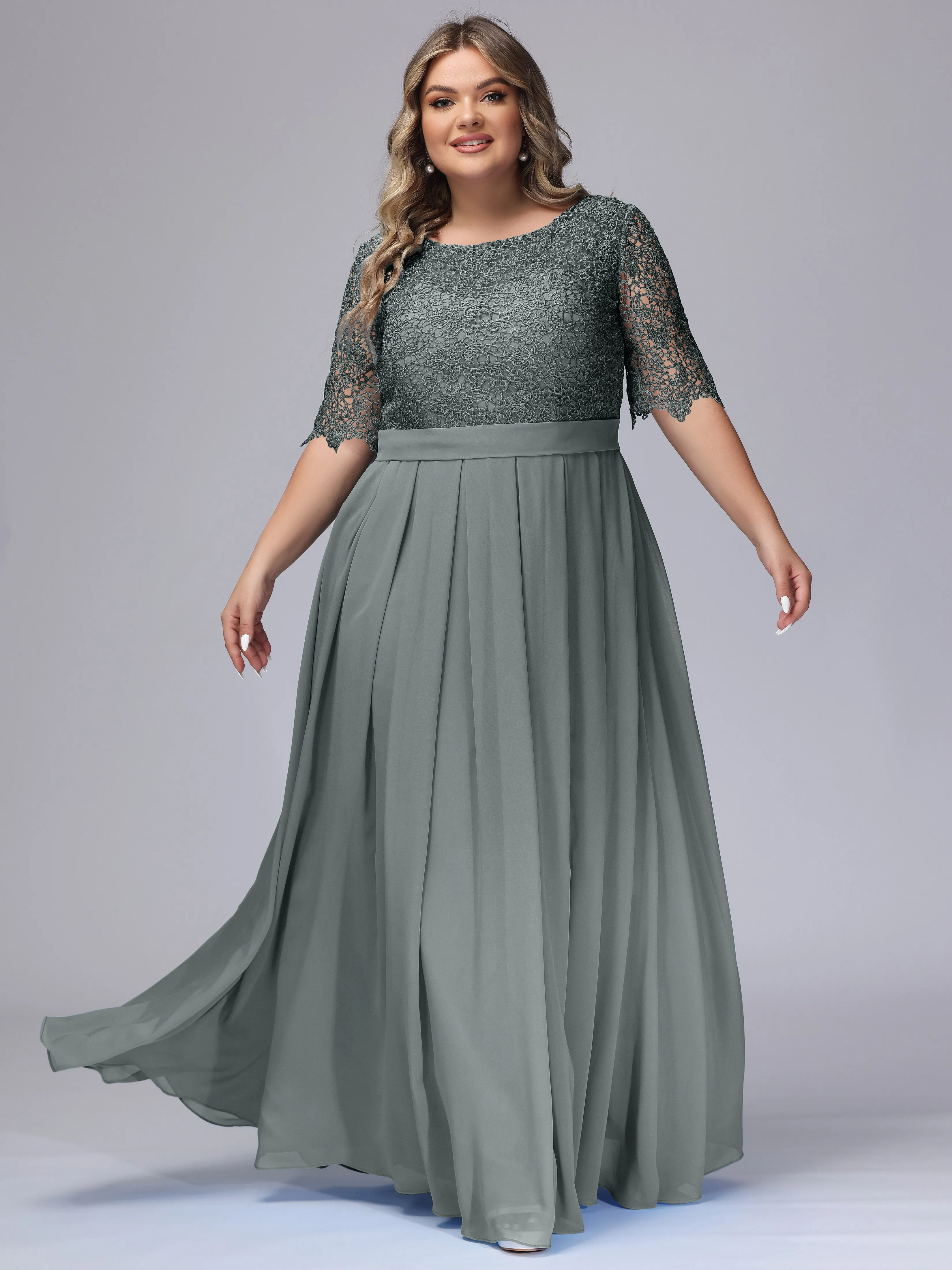 Half Sleeves Scoop Lace Long Plus Size Bridesmaid Dresses