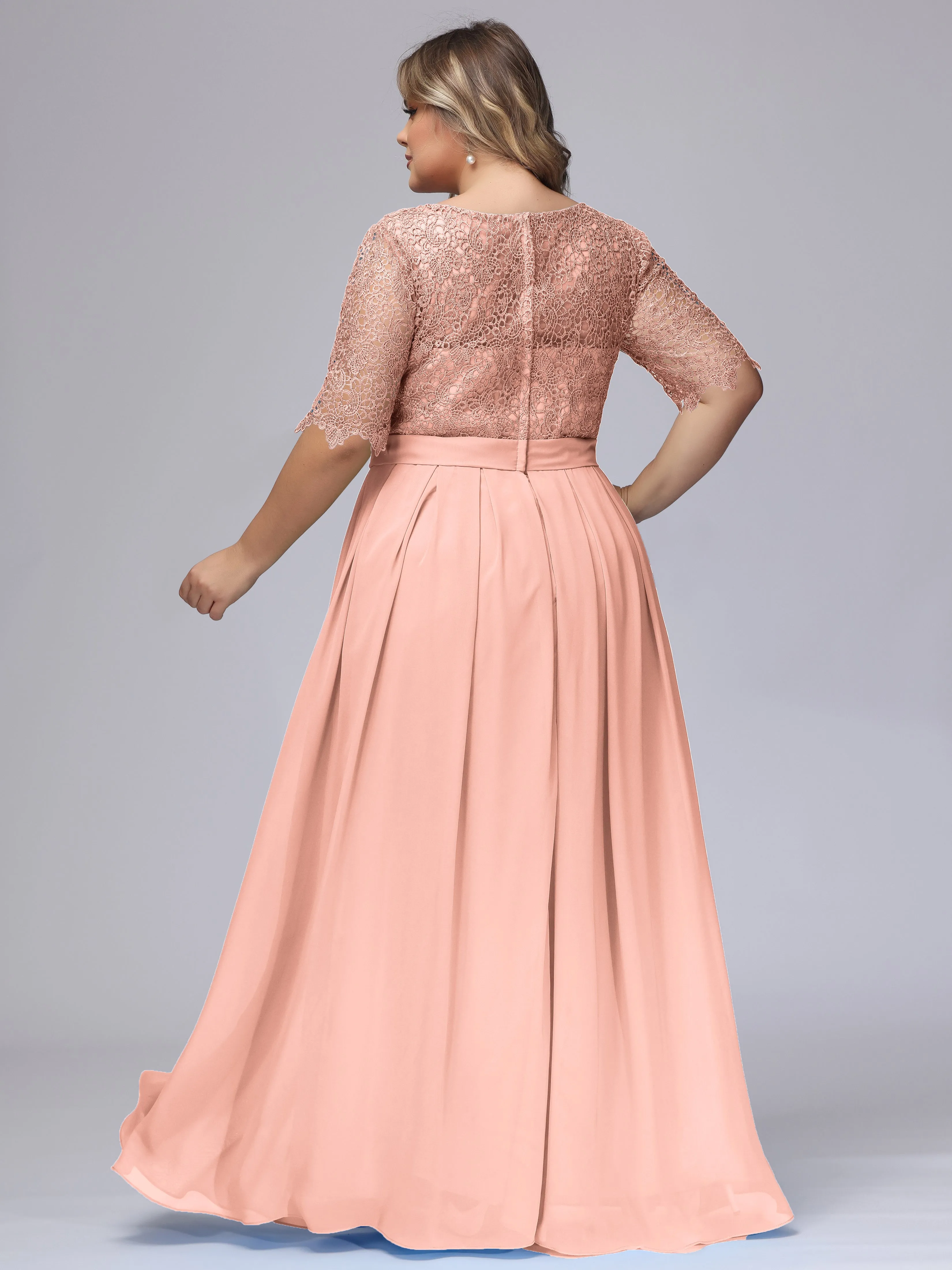 Half Sleeves Scoop Lace Long Plus Size Bridesmaid Dresses