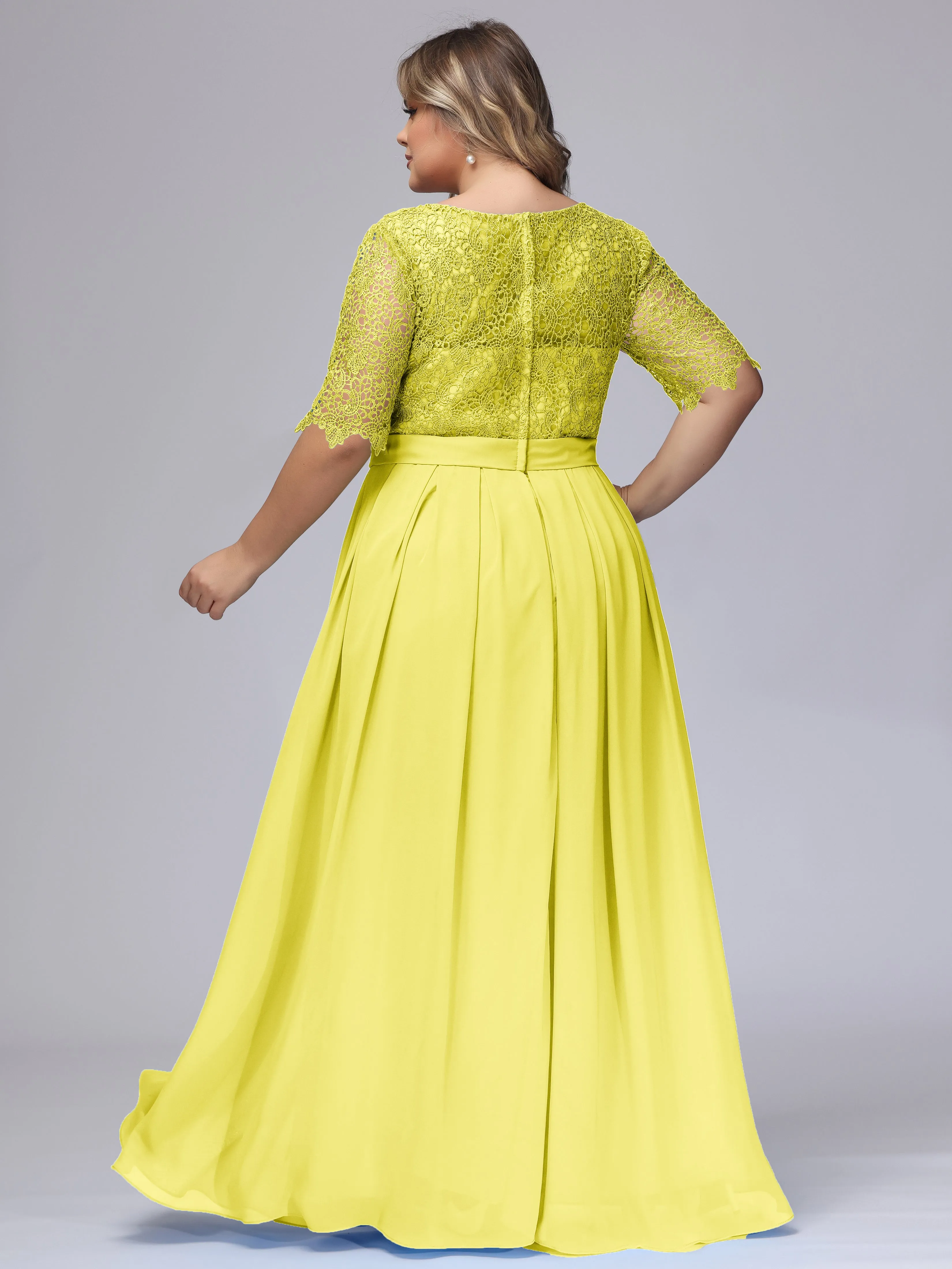 Half Sleeves Scoop Lace Long Plus Size Bridesmaid Dresses