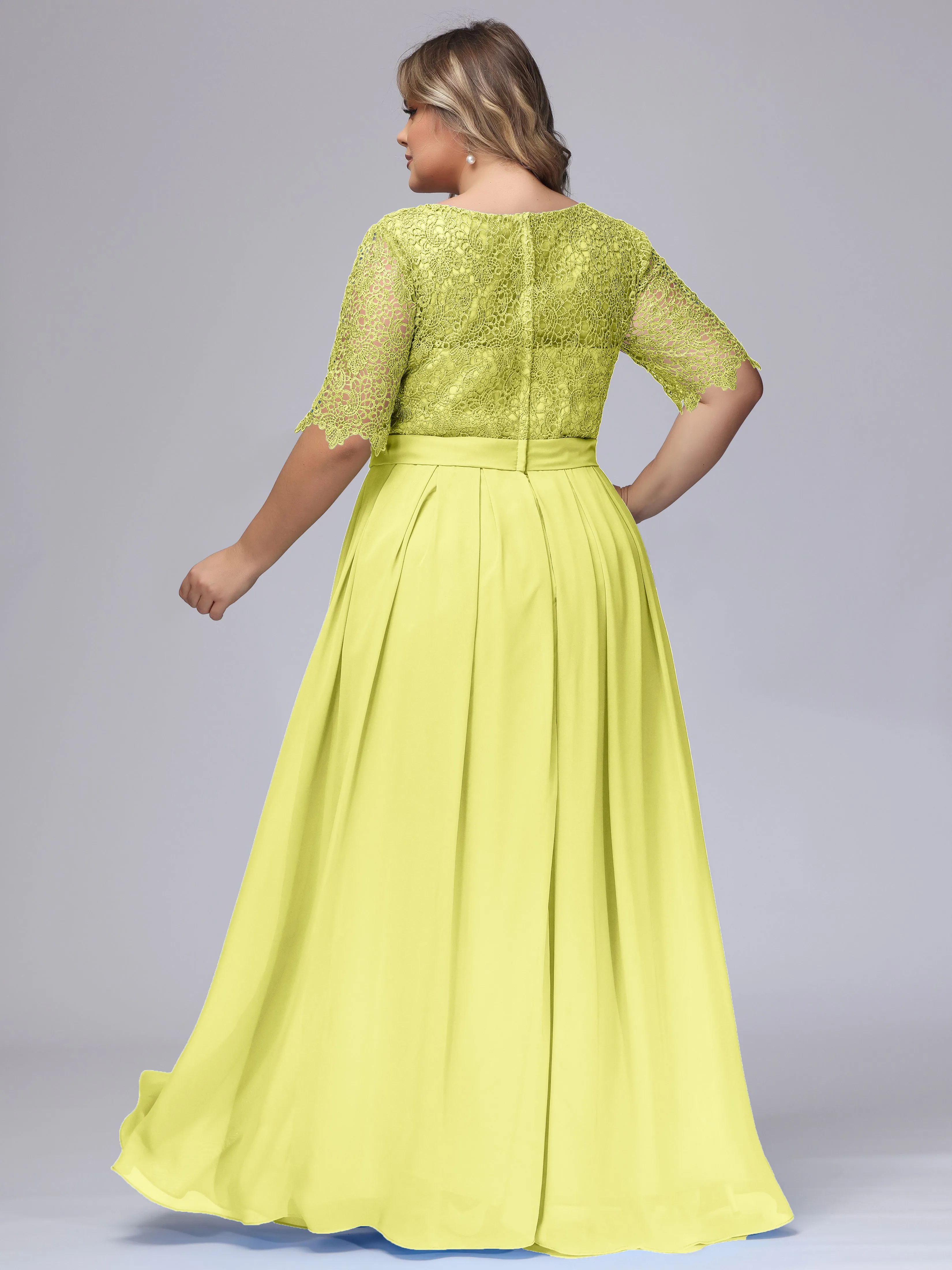 Half Sleeves Scoop Lace Long Plus Size Bridesmaid Dresses