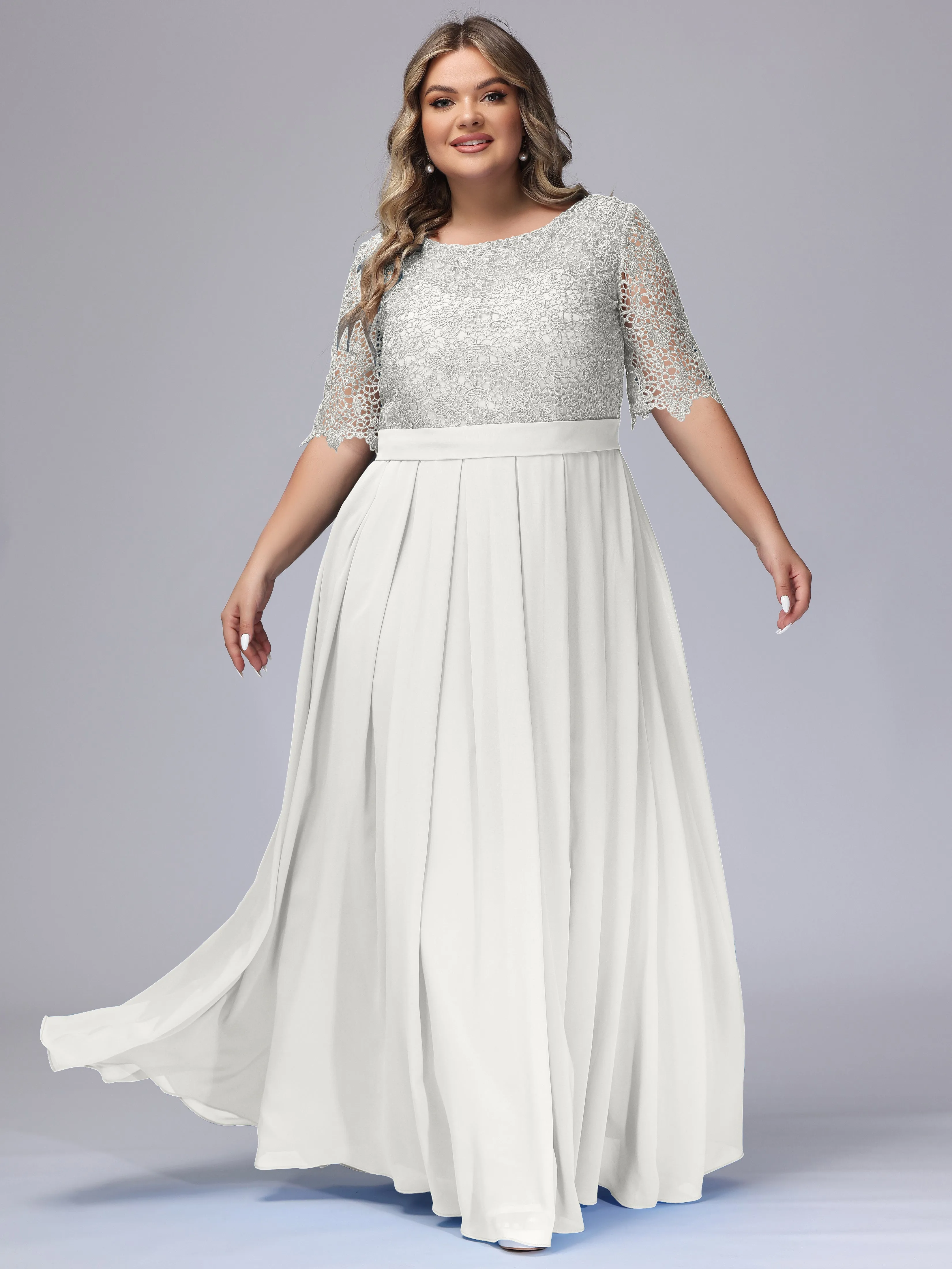Half Sleeves Scoop Lace Long Plus Size Bridesmaid Dresses