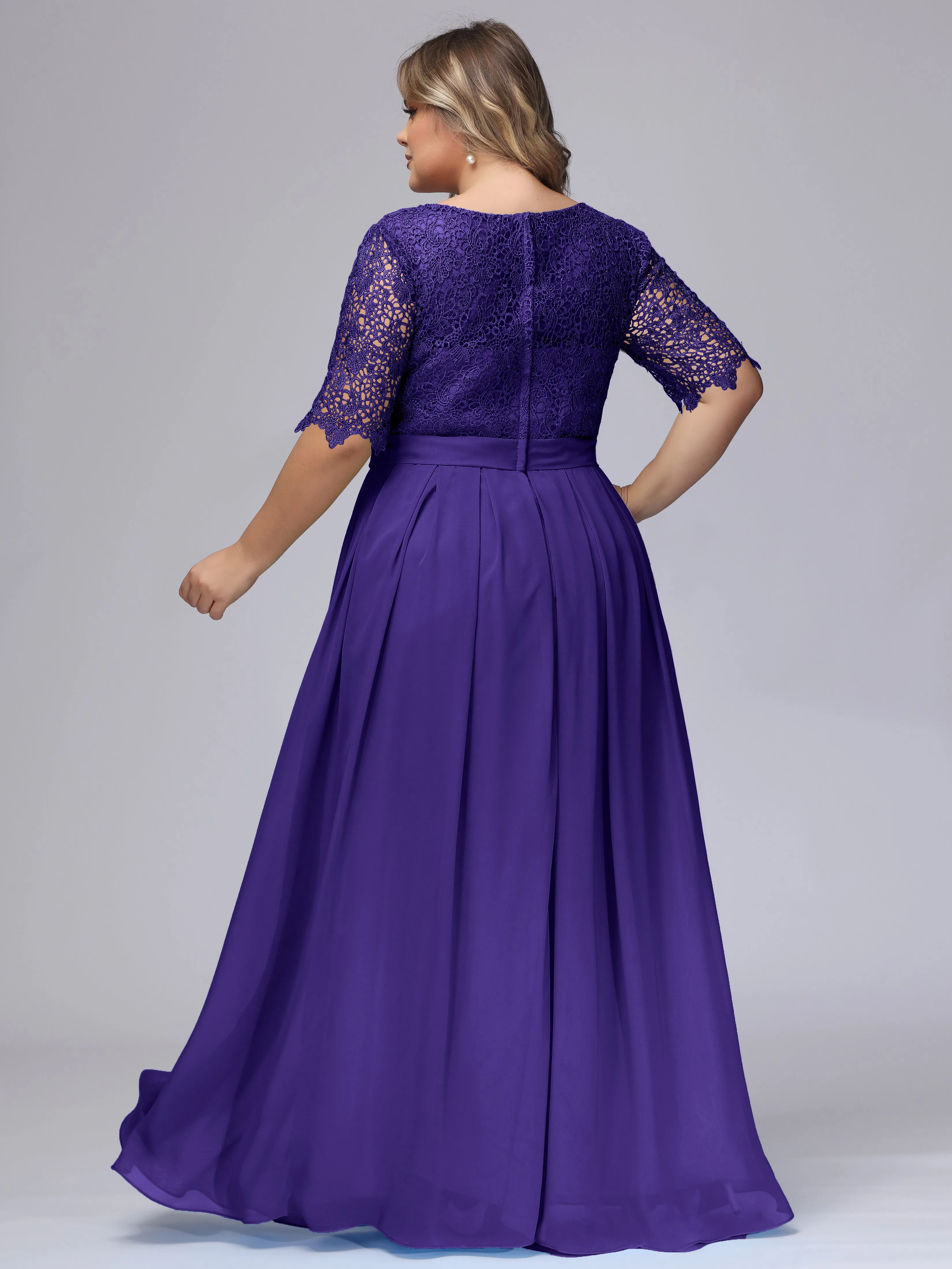 Half Sleeves Scoop Lace Long Plus Size Bridesmaid Dresses