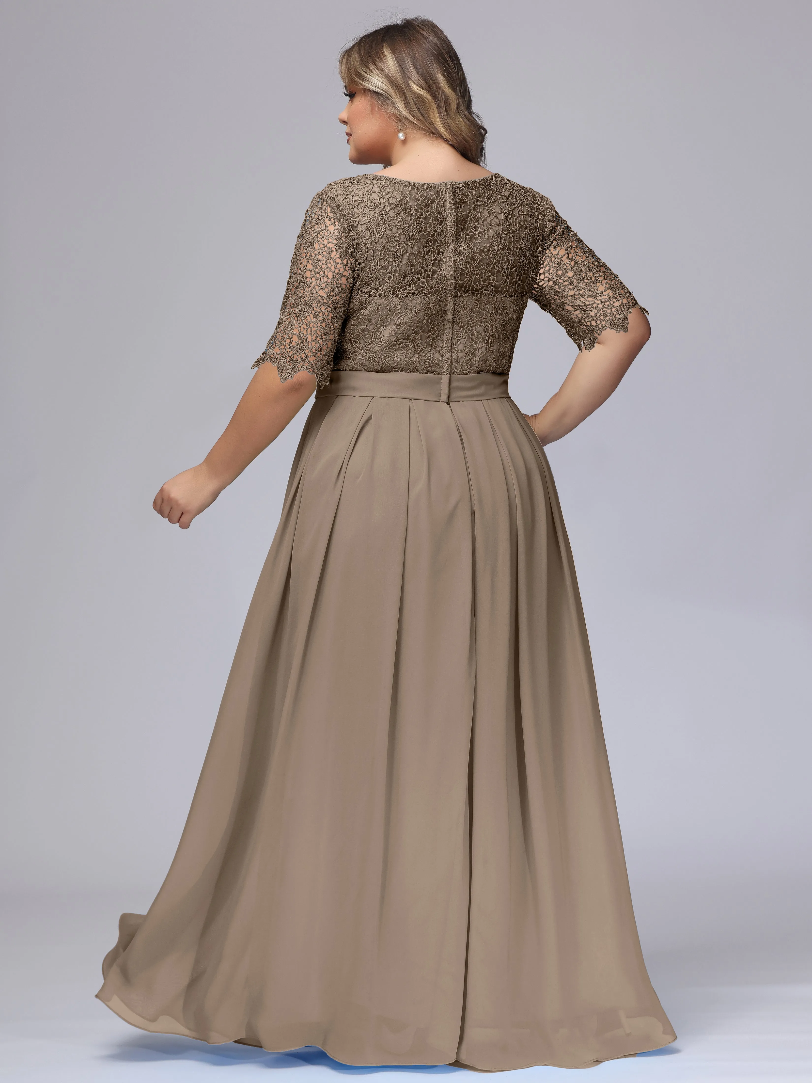 Half Sleeves Scoop Lace Long Plus Size Bridesmaid Dresses