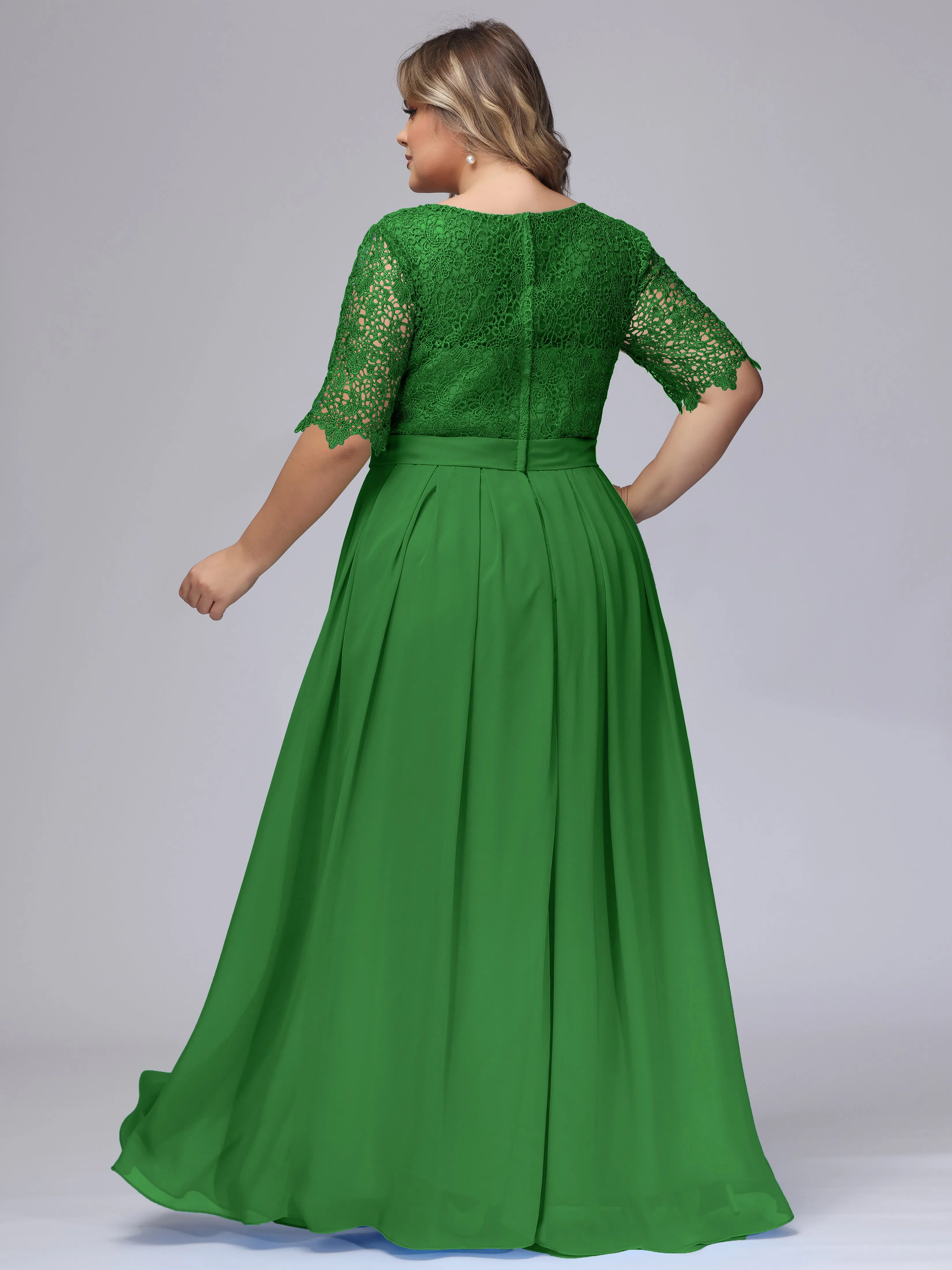 Half Sleeves Scoop Lace Long Plus Size Bridesmaid Dresses