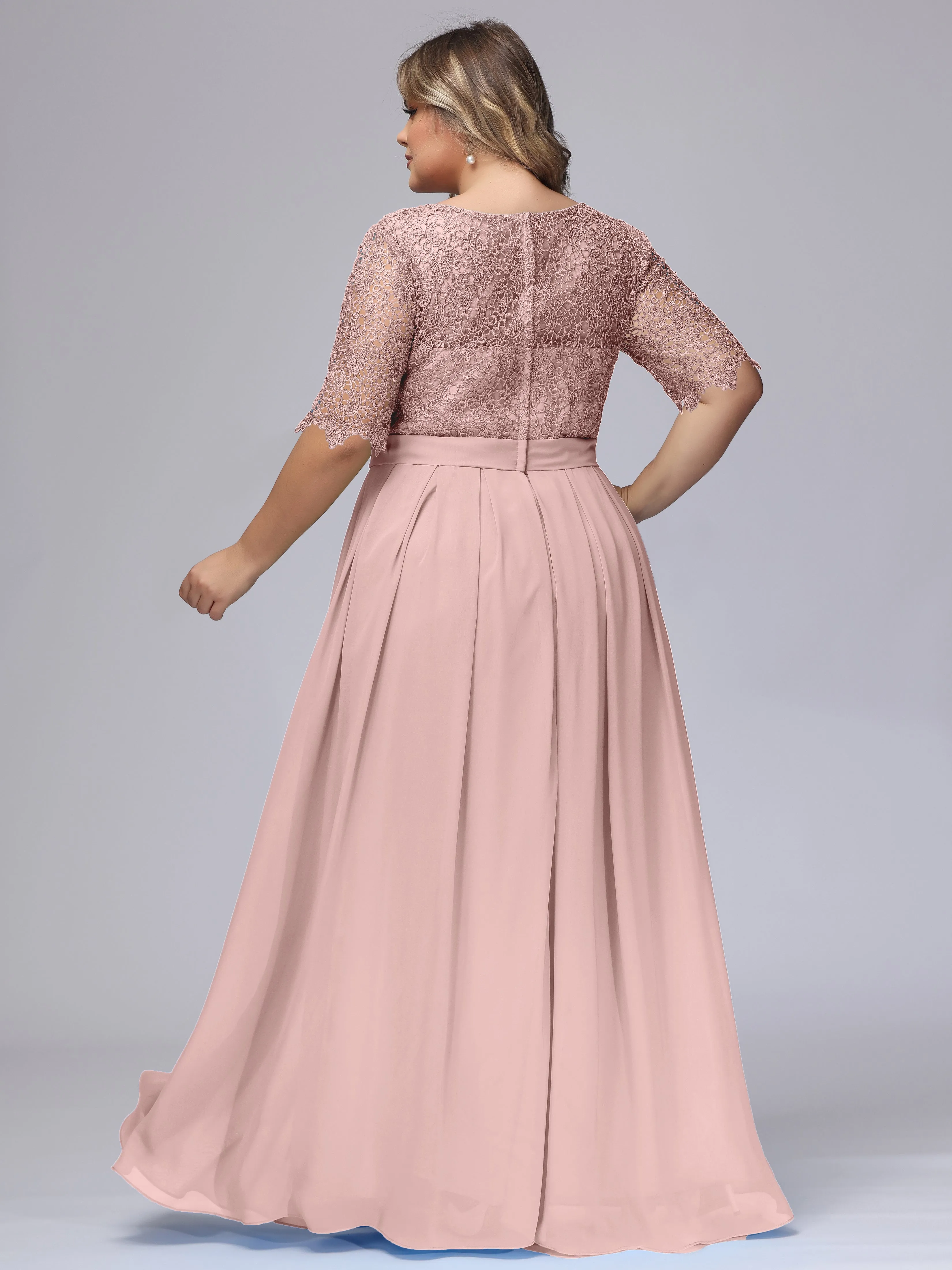Half Sleeves Scoop Lace Long Plus Size Bridesmaid Dresses